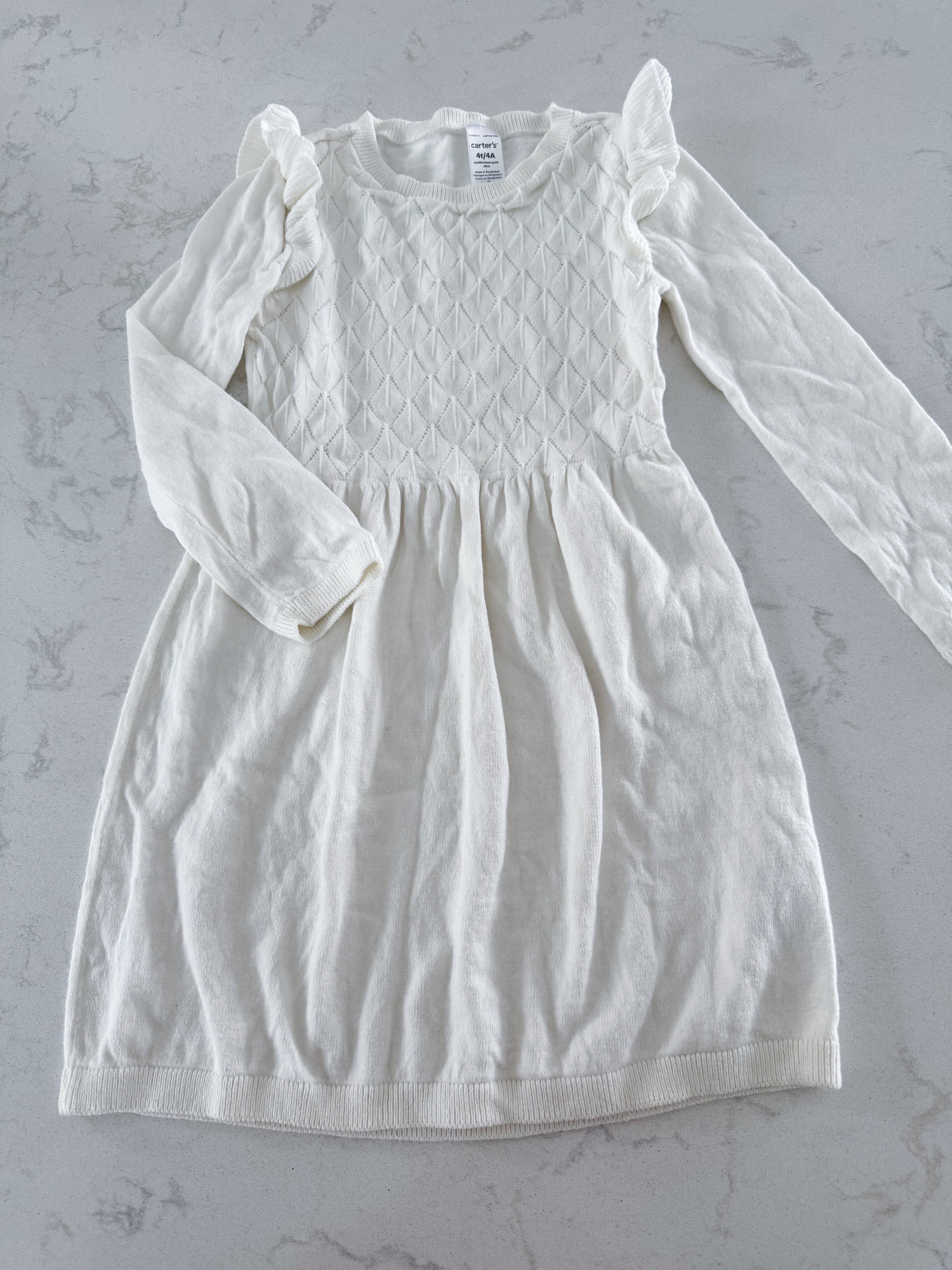 Carter’s- 4T- GUC- white thin knit dress with ruffle sleeves