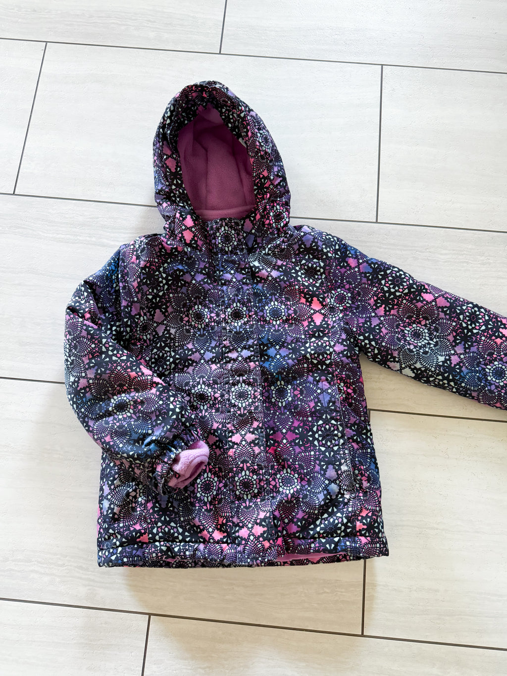The Children’s Place- 5-6Y- GUC- purple patterned multi layered coat