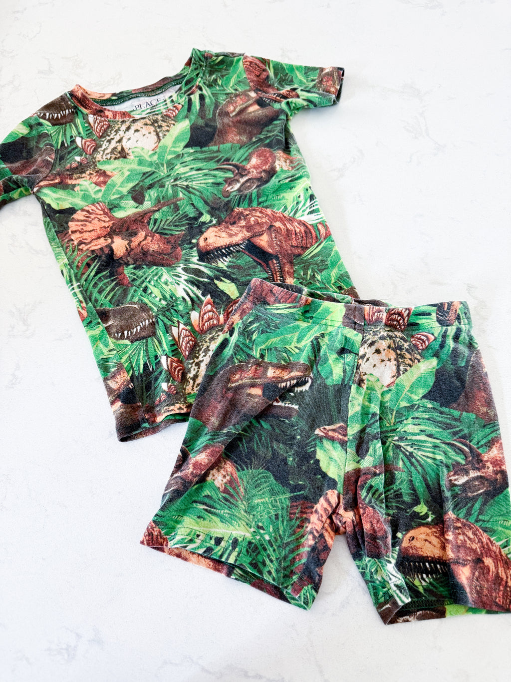The Children’s Place- 6Y- GUC- two piece shorts jammies with tropical leaves and dinosaur pattern