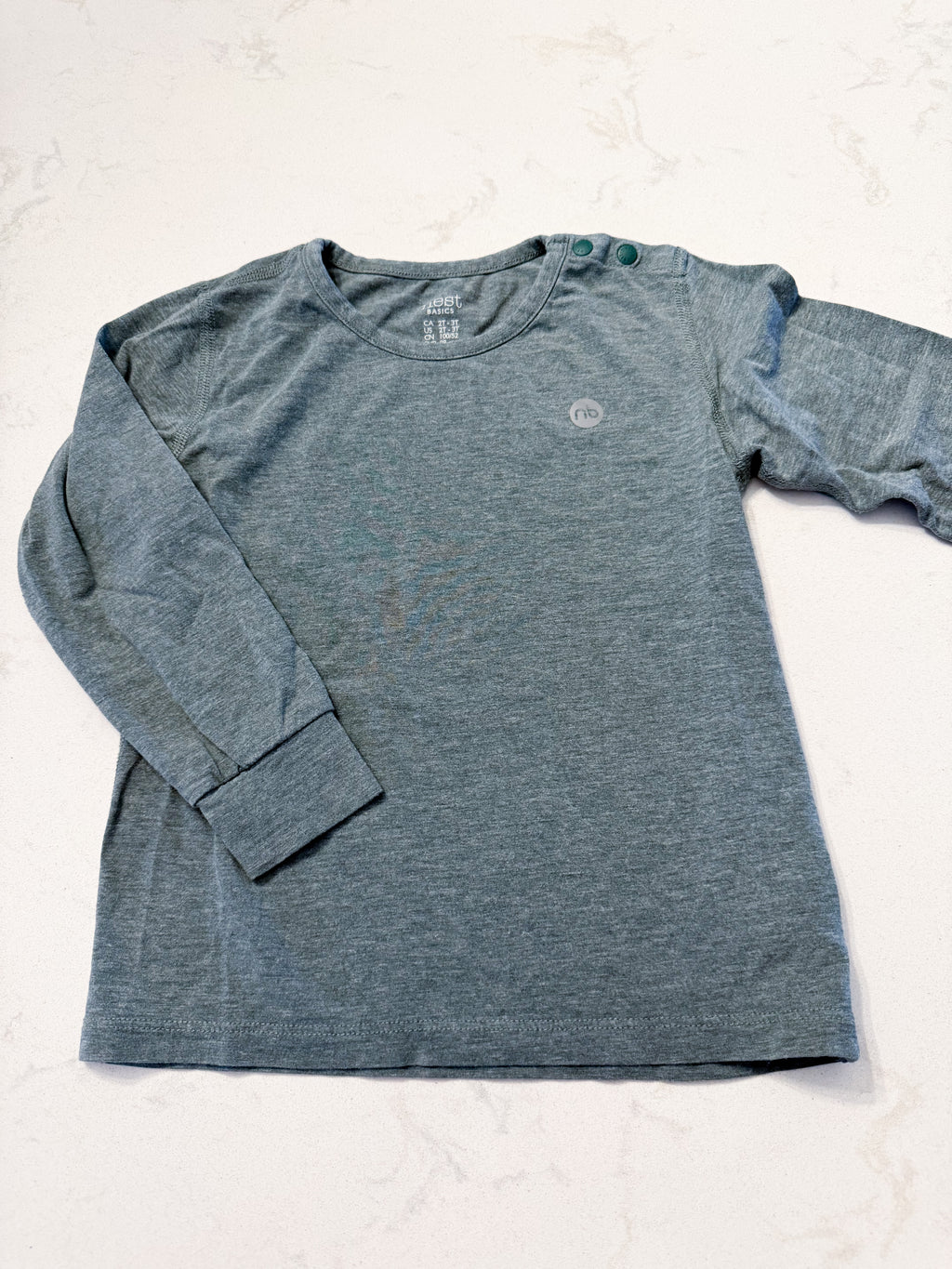 Nest- 2/3T- VGUC- bamboo long sleeve light green shirt with grey metallic logo.