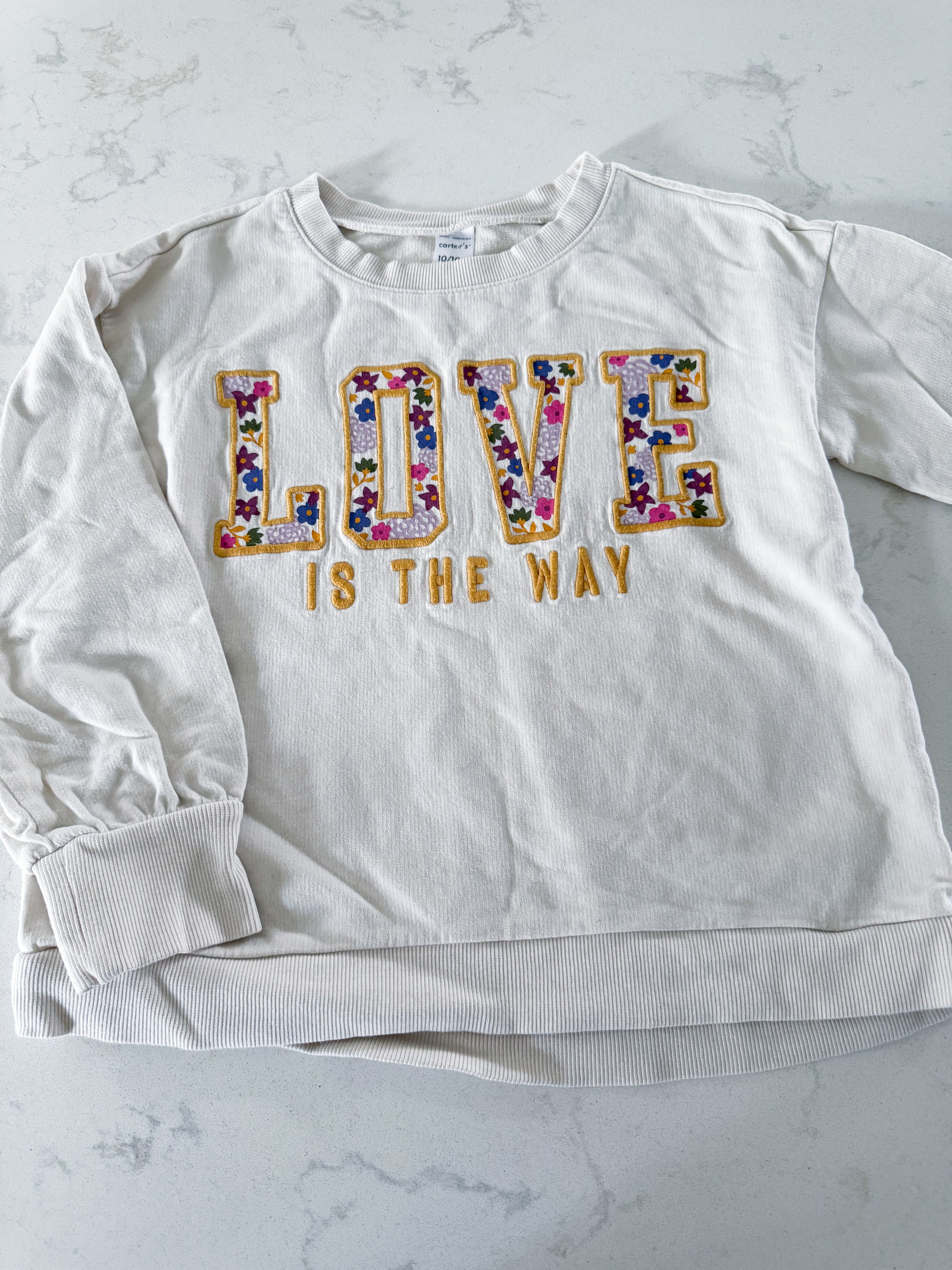 Carters- 10Y- GUC- cream coloured crew with embroidered floral letters LOVE