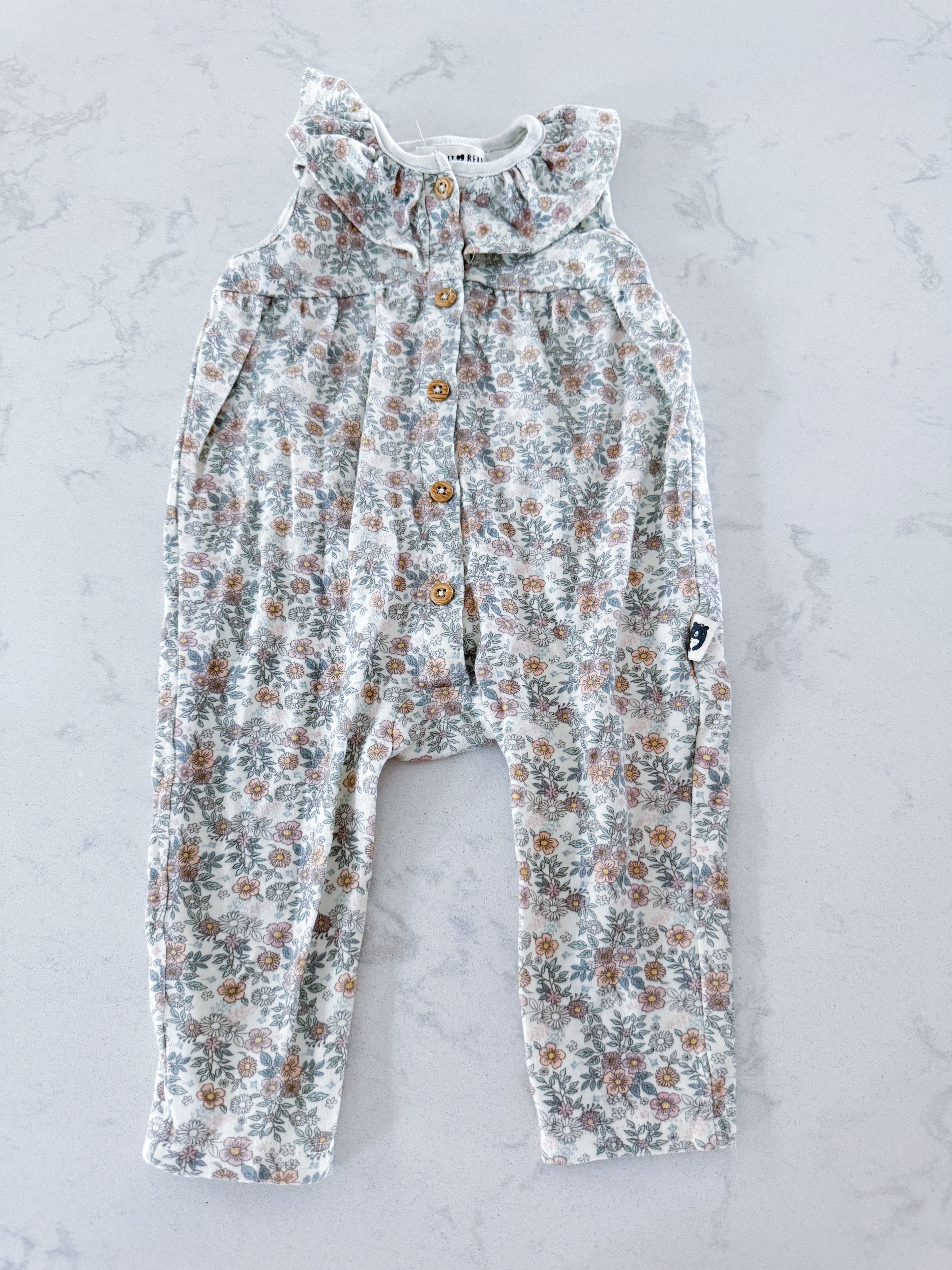 Rabbit and Bear- 6-9m- VGUC- sleeveless one piece romper with floral pattern
