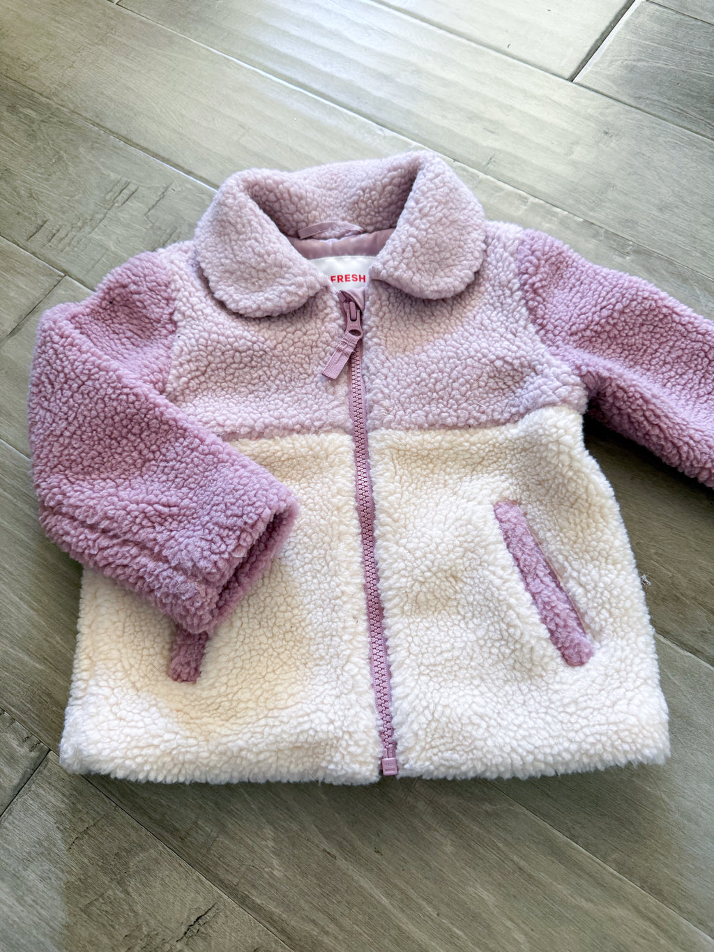 Joe Fresh- 18-24m (fits big)- PLAY- fleece zip up white and pink collared jacket