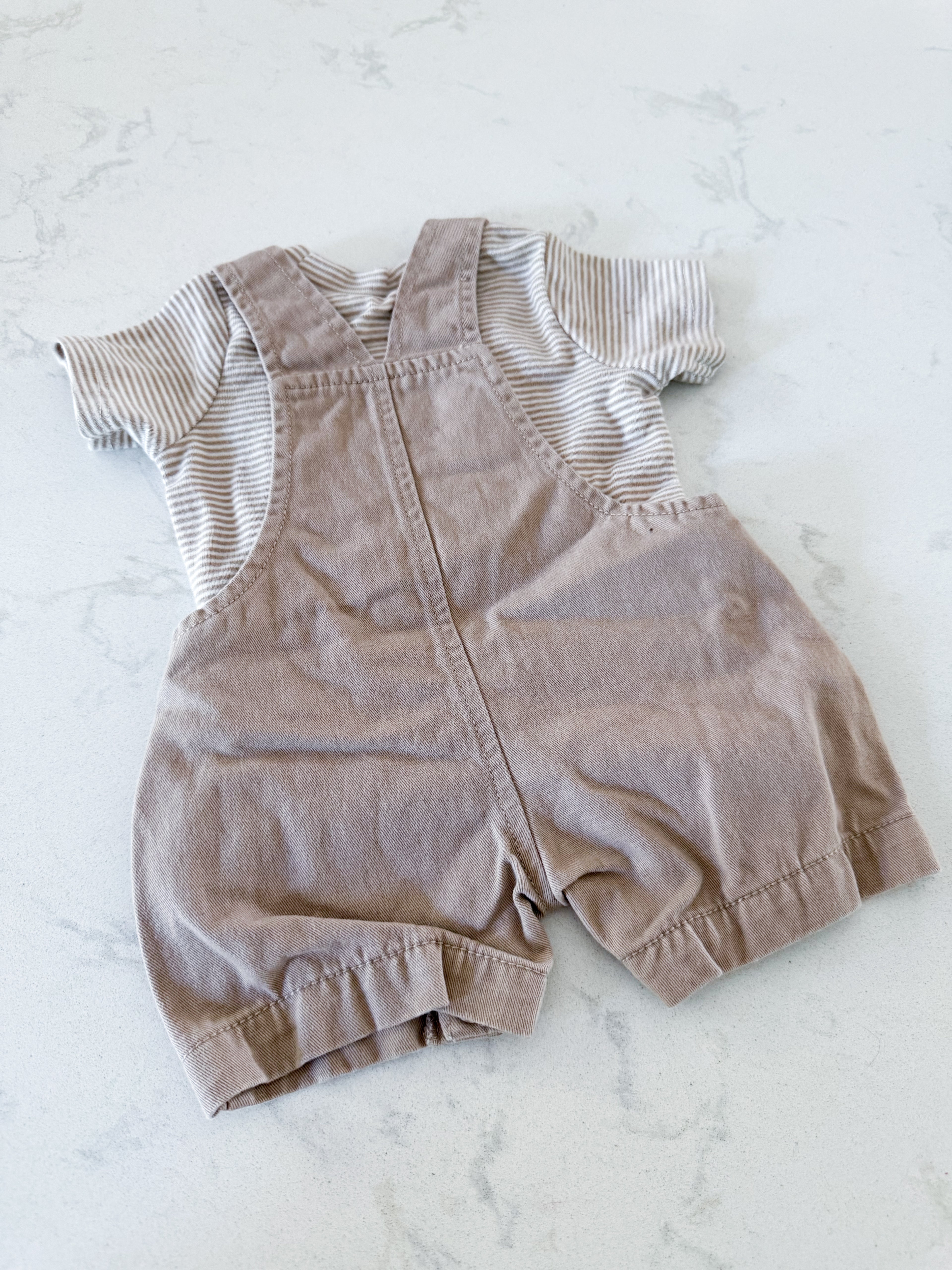 Carters- newborn- GUC- beige denim overalls with striped t shirt