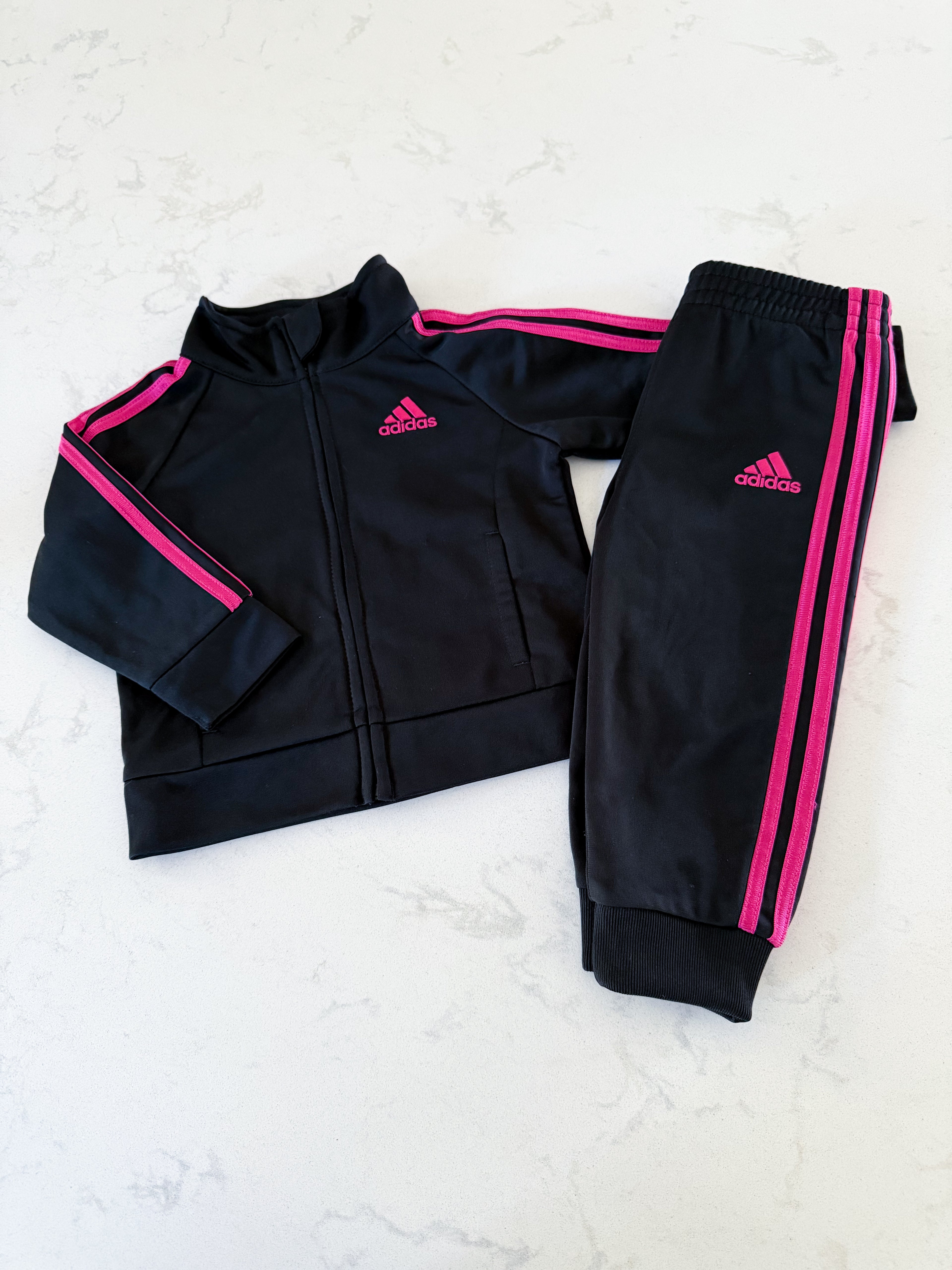 Adidas- 9m- VGUC- black tracksuit with hot pink embroidery