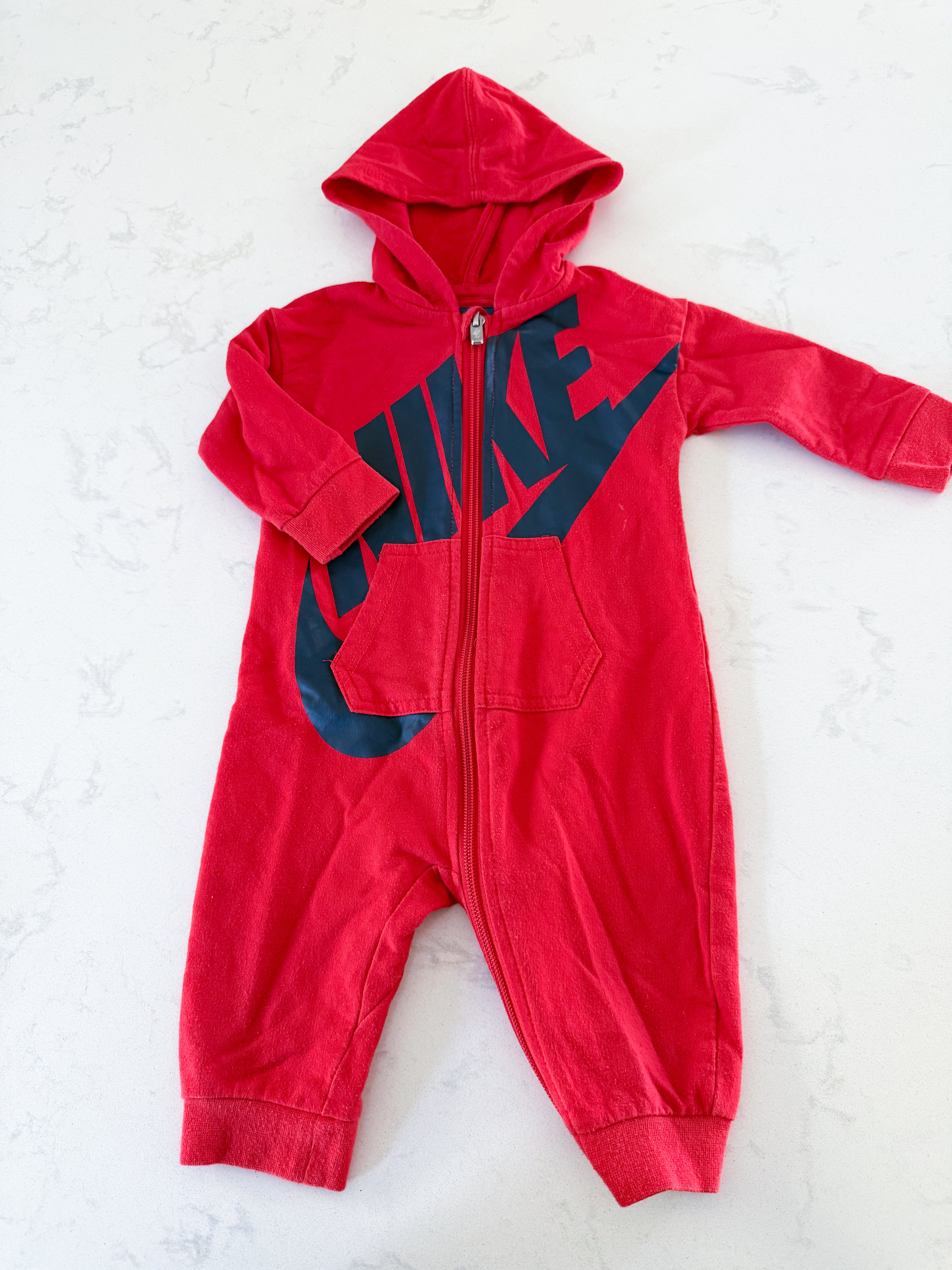 Nike- 6-9m- PLAY- red hooded romper outfit