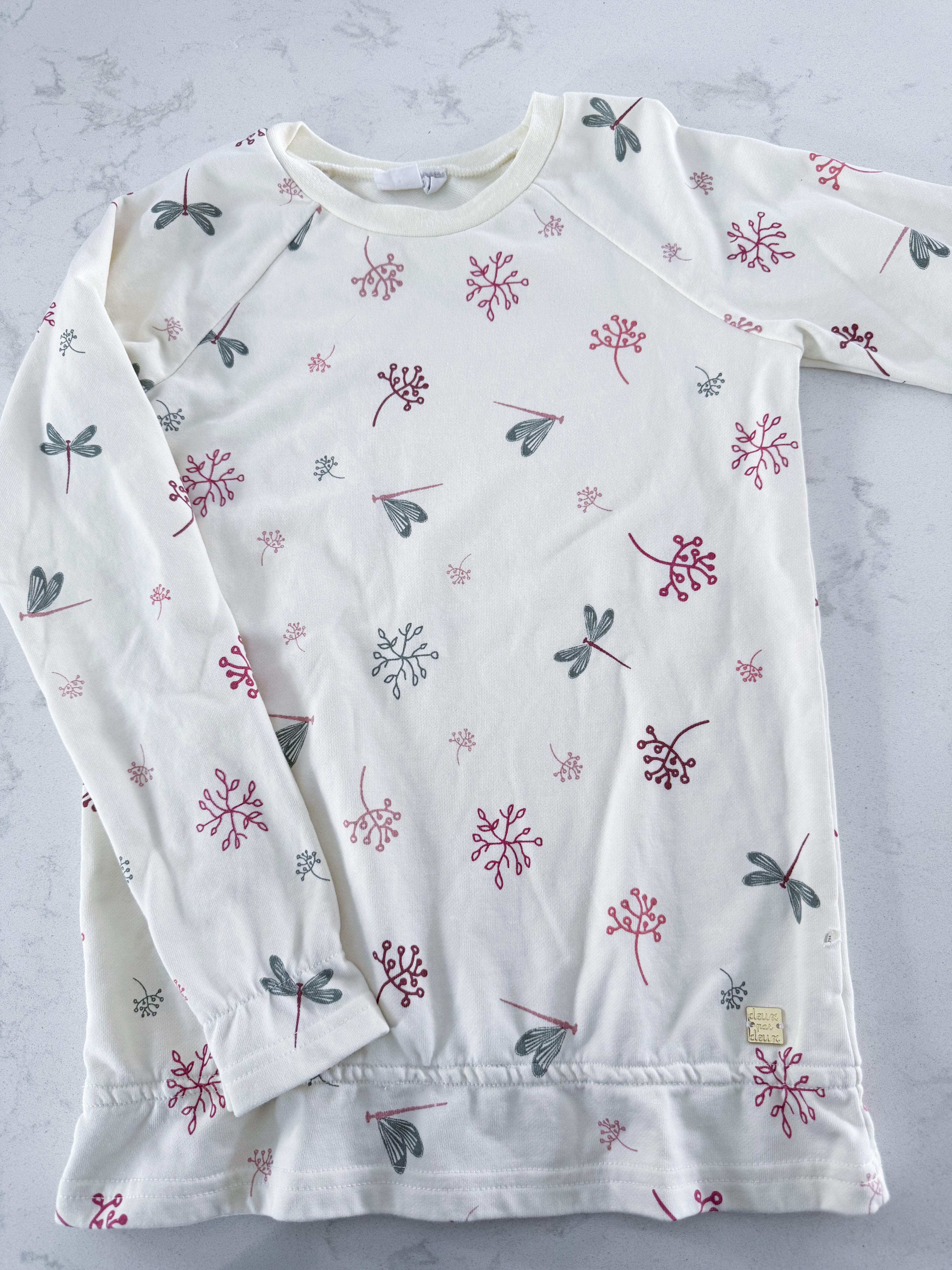 Deux Par Deux- 10Y- VGUC- White long sweater with florals and dragonflies
