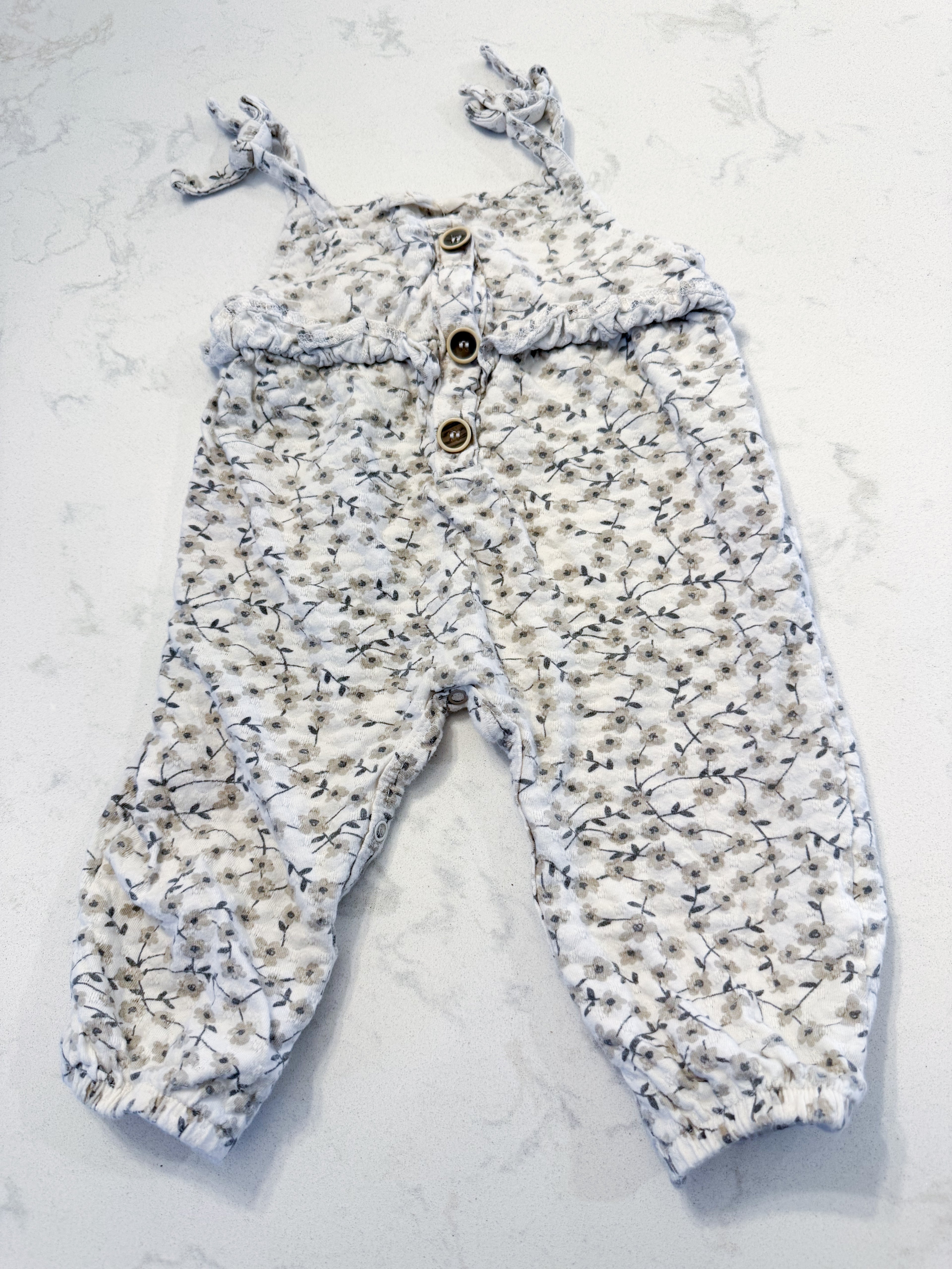 Jessica Simpson- 6-9m- GUC- white with beige florals tank romper