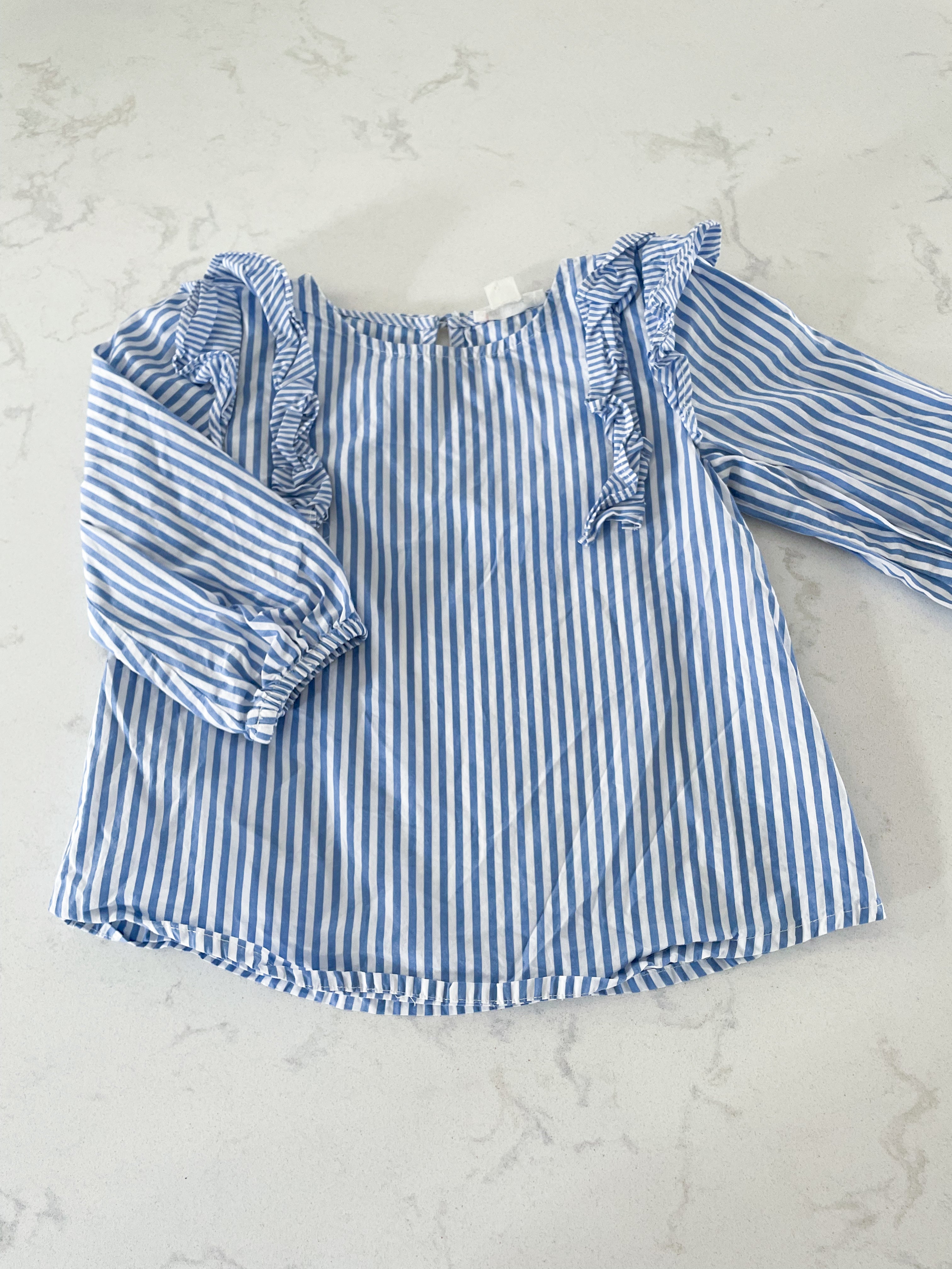 Crewcuts-7Y- long sleeve blue and white striped dress shirt with ruffles