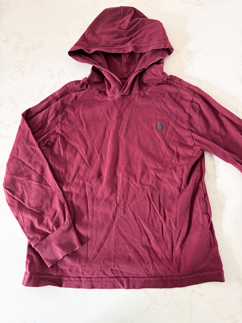 Polo by Ralph Lauren- 5/6Y- GUC- burgundy thin hooded shirt with navy logo
