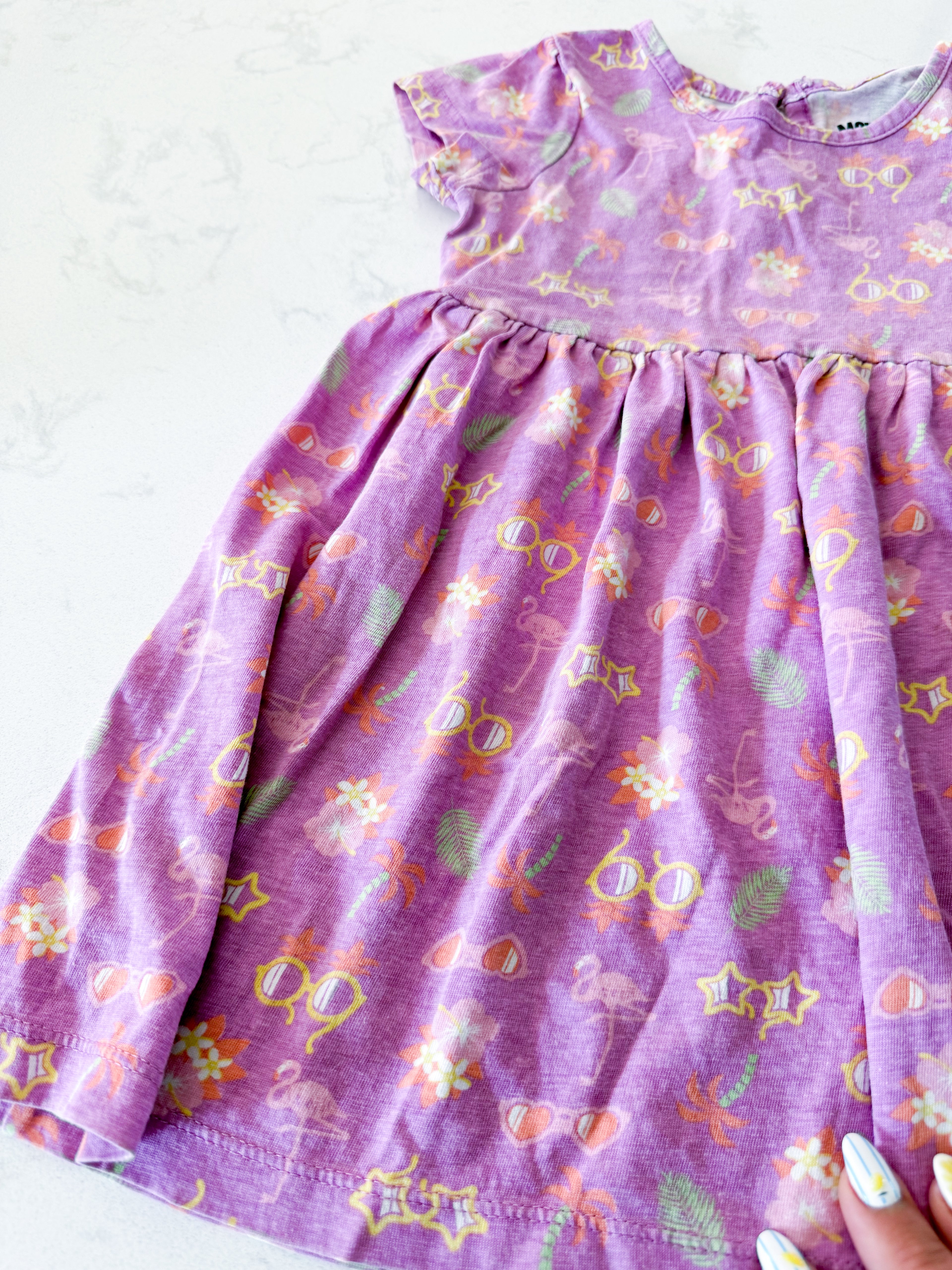 Monkey Bars- 24m- GUC- purple short sleeve dress with summer pattern