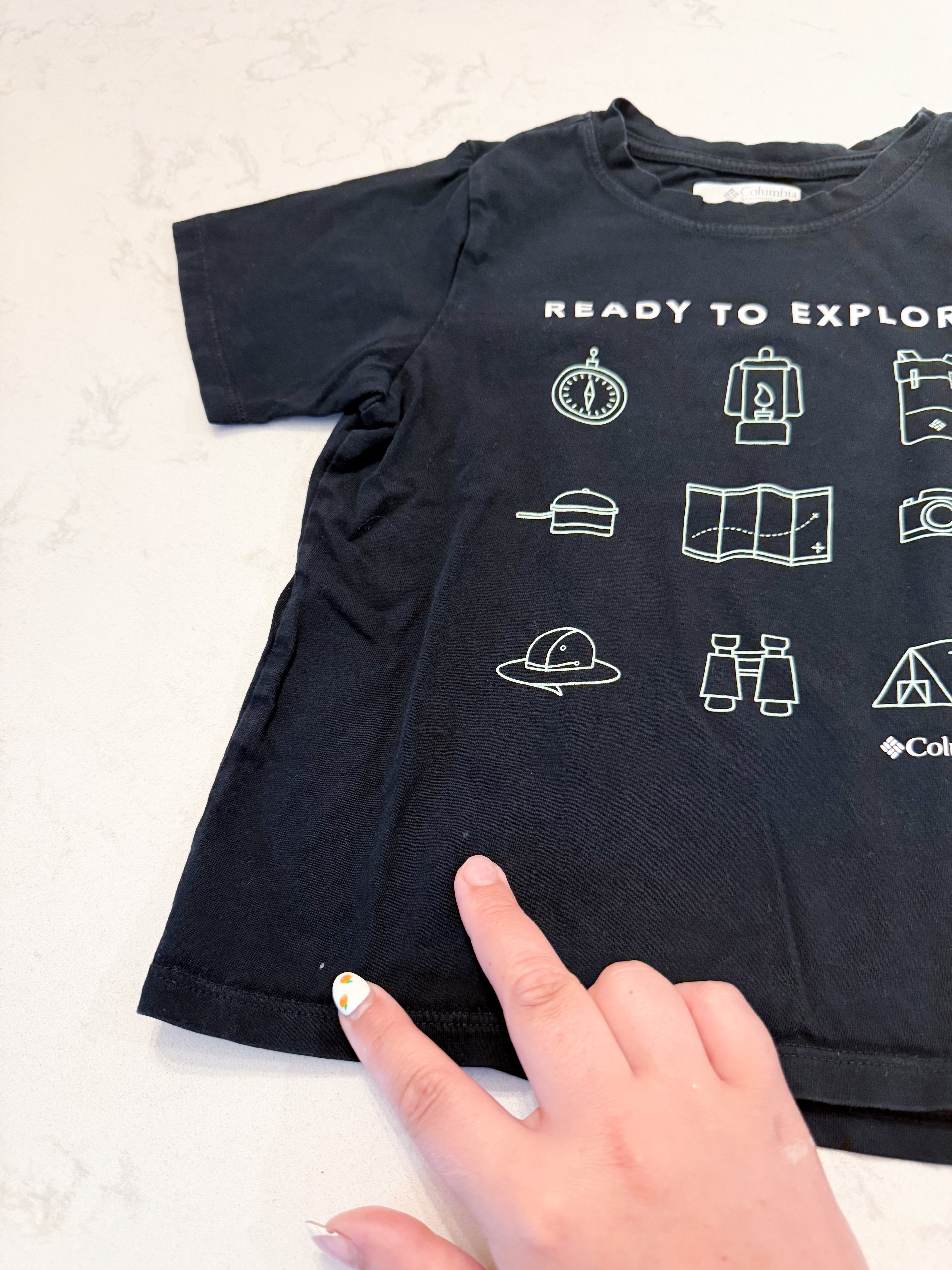 Columbia- fits 5T- PLAY- black t shirt with camping equipment graphics