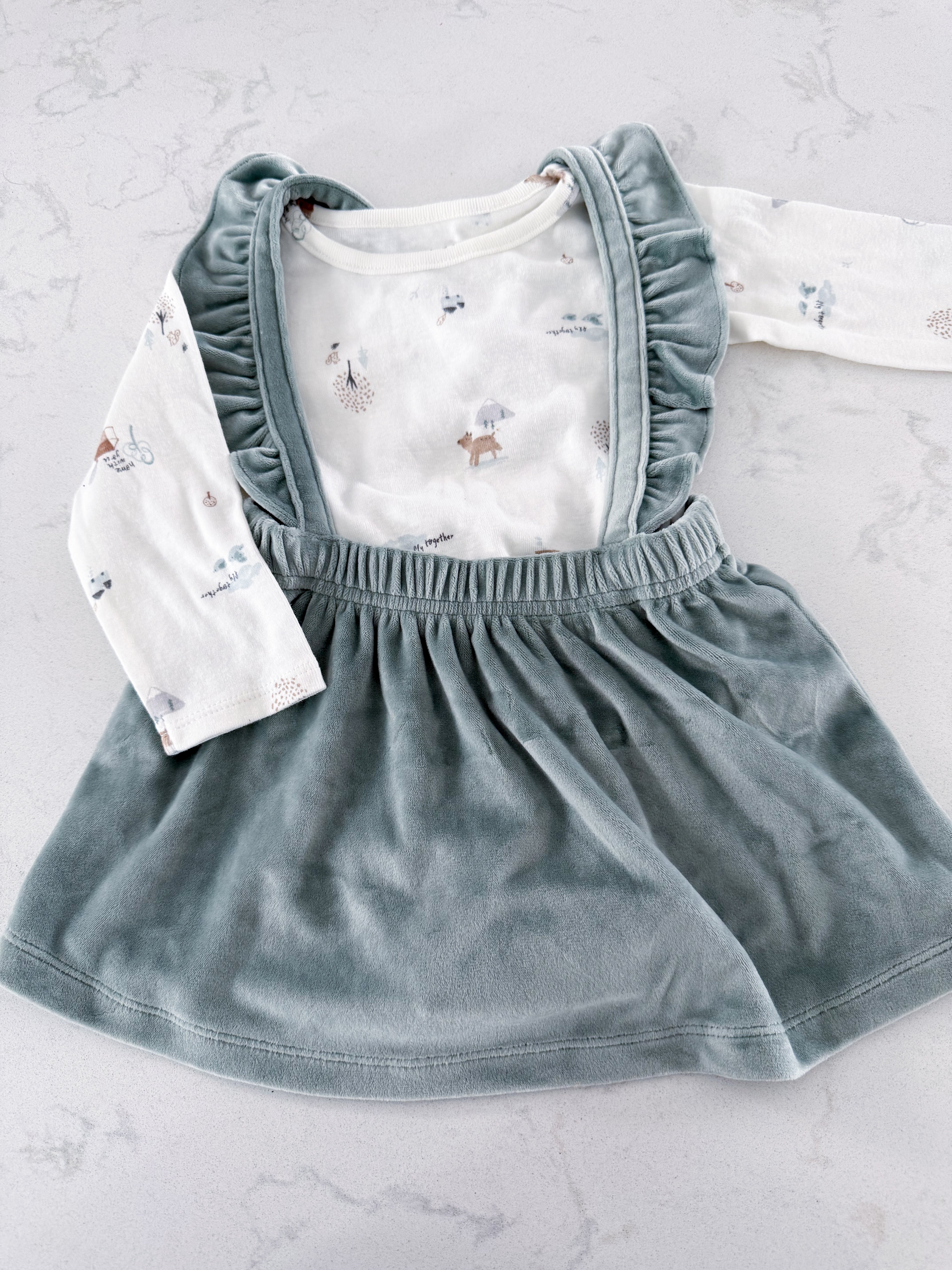 Carters- 12m- BNWT- two piece outfit. Bodysuit with minimalist nature pattern and velvet mint skirtall