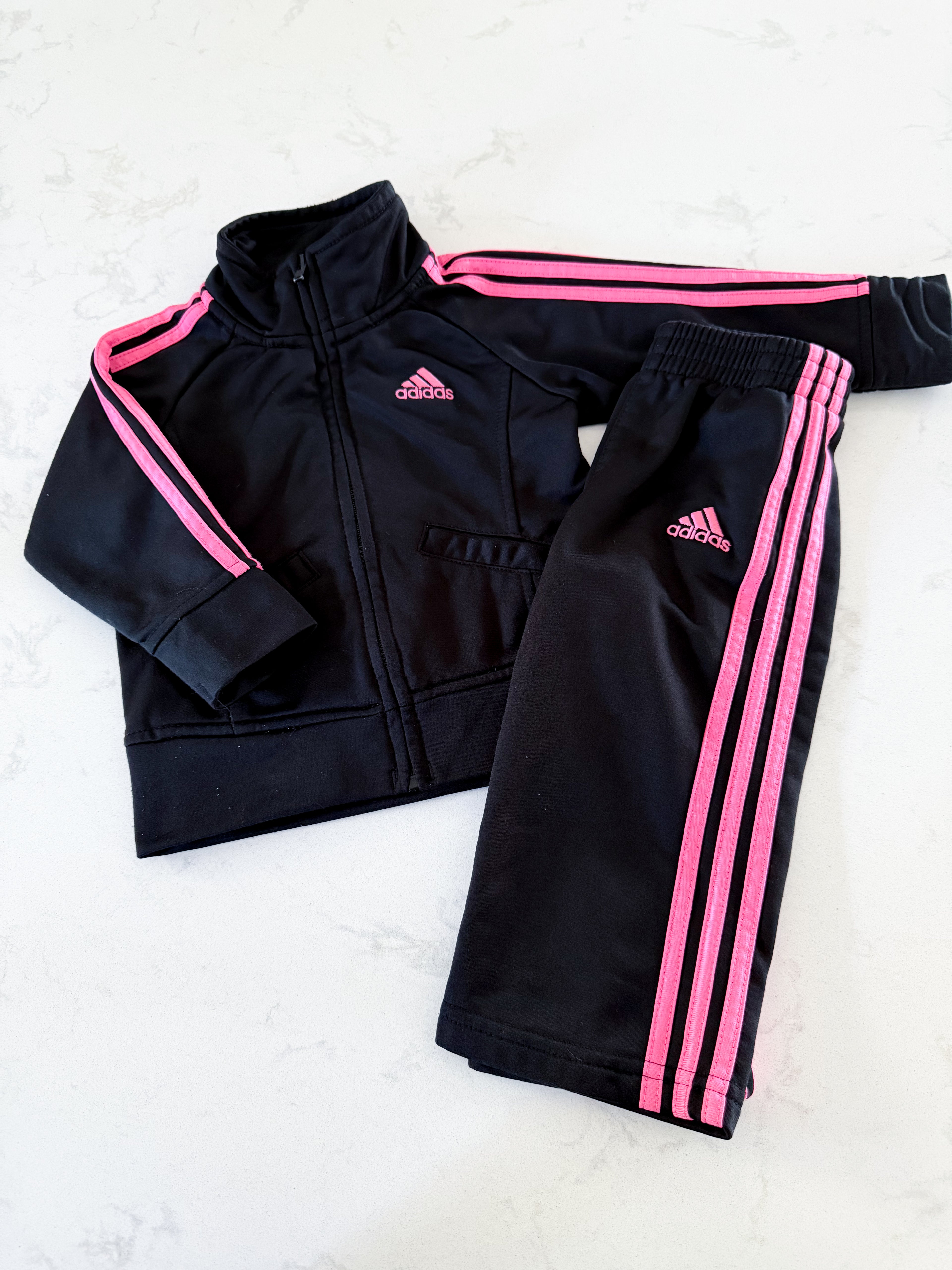 Adidas-12m- VGUC- black track suit with pink stripes