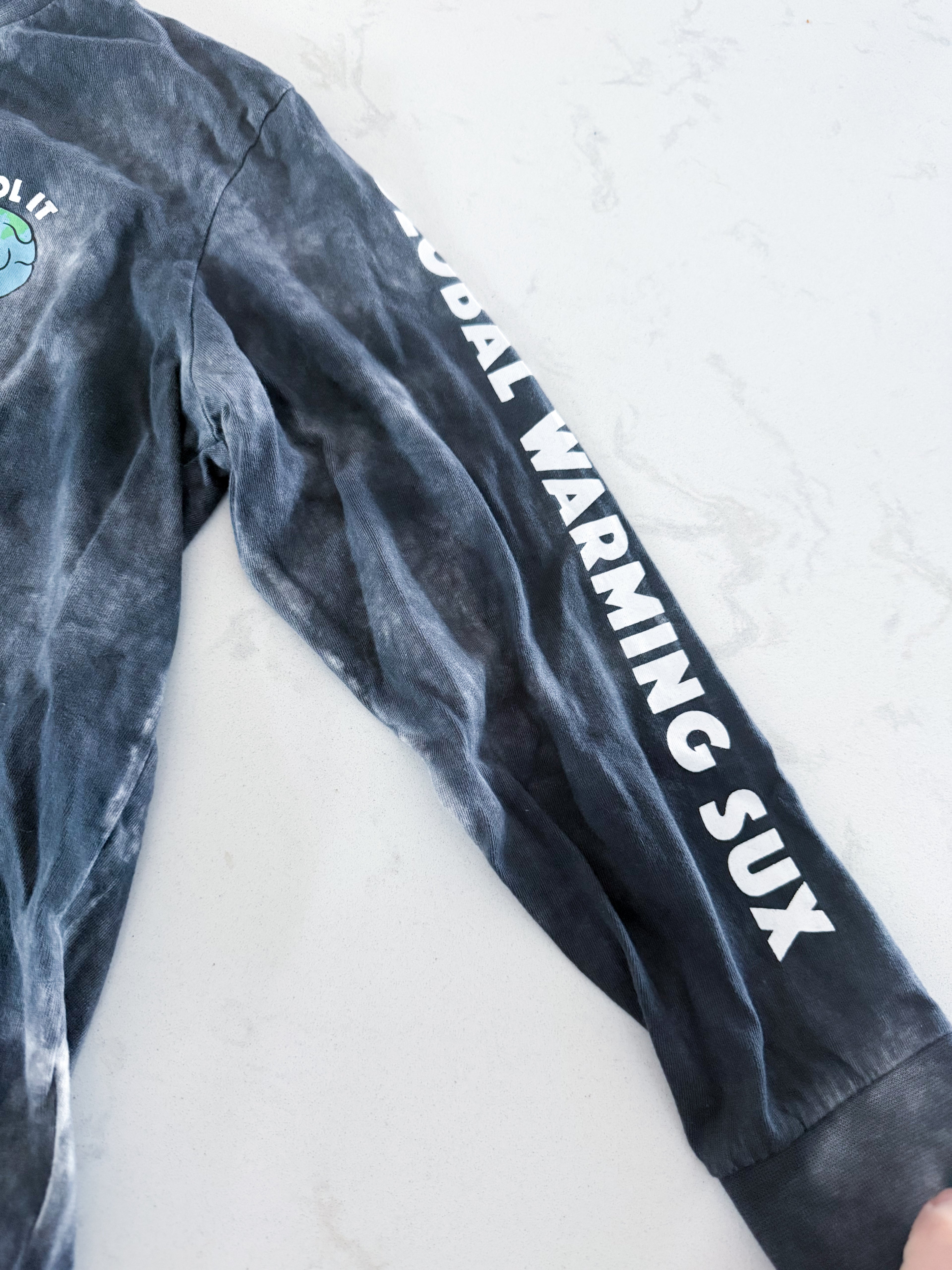 Arsenic- fits 8-10Y- GUC- tie dye grey long sleeve with global warming sux quote