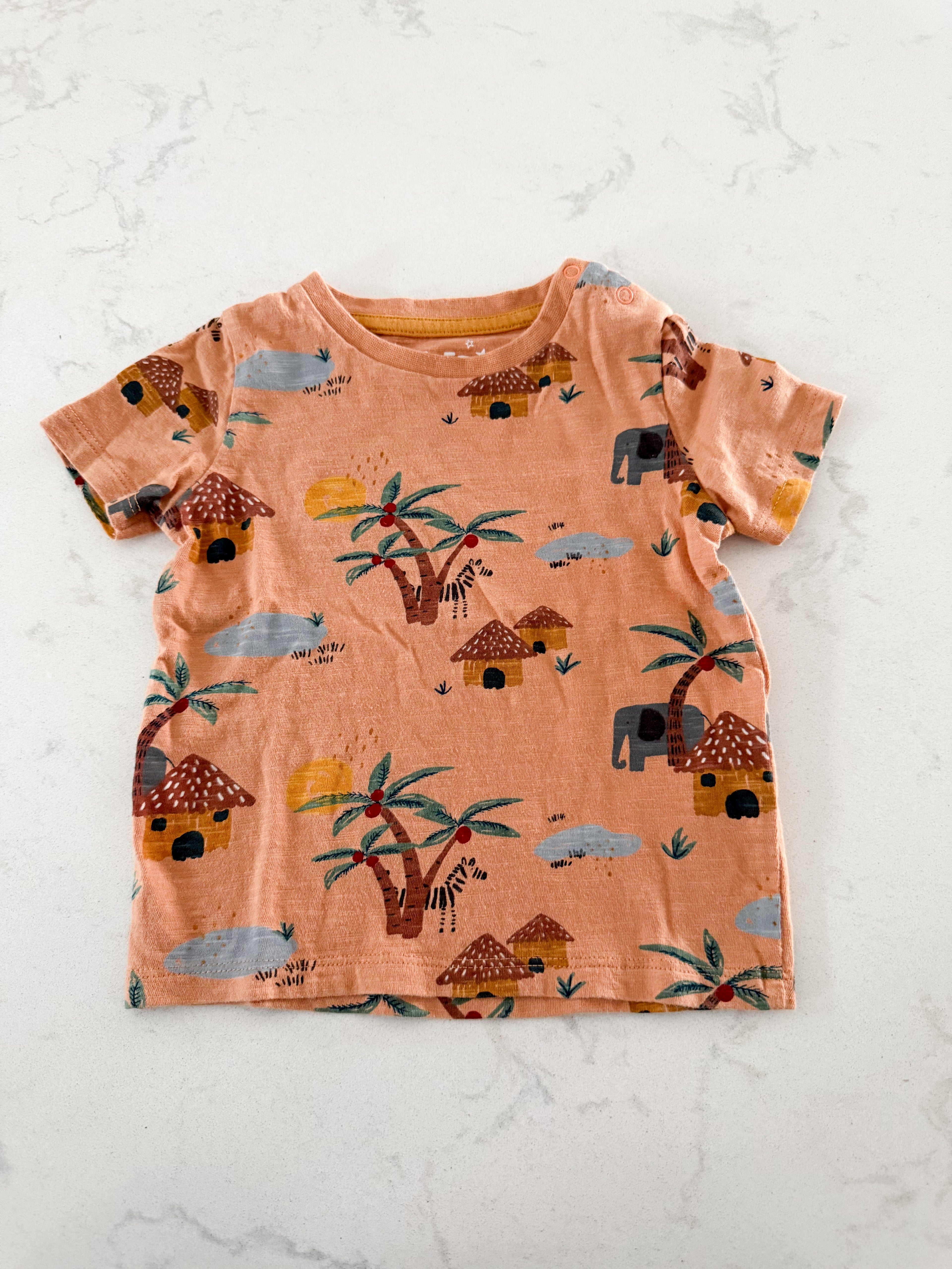 Fred and Flo- 6-9m- VGUC- tan t shirt with thatched huts and palm trees