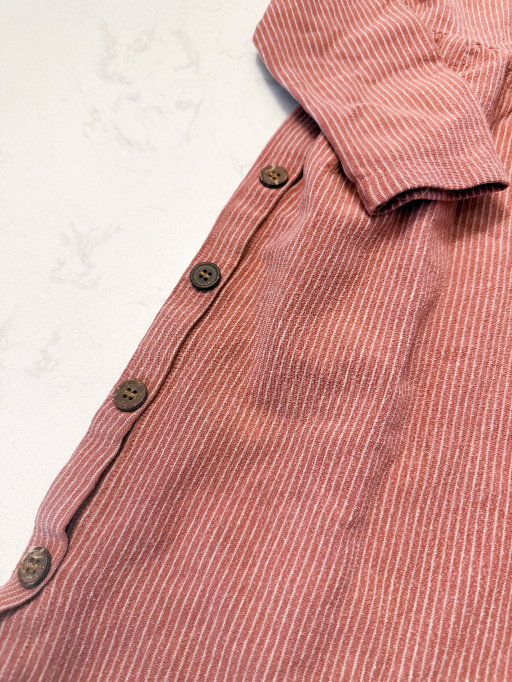 Vignette- 5Y- PLAY- pinkish brown long sleeve dress with thin white stripes