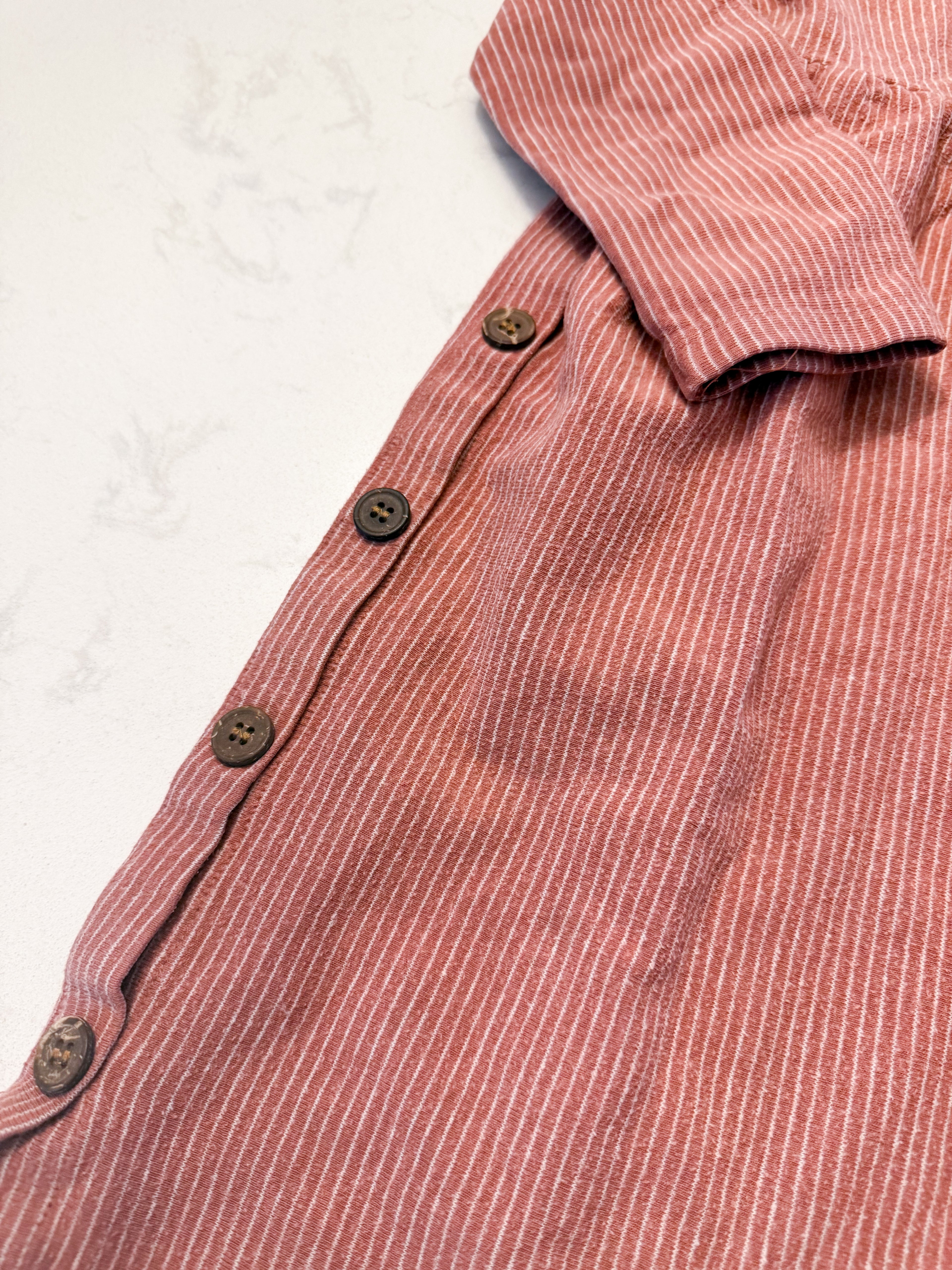 Vignette- 5Y- PLAY- pinkish brown long sleeve dress with thin white stripes