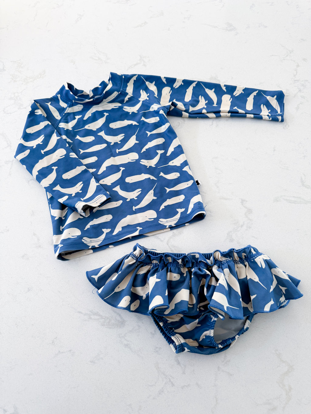 Little and Lively- 6-12m- GUC- blue with cream coloured whales two piece swimsuit