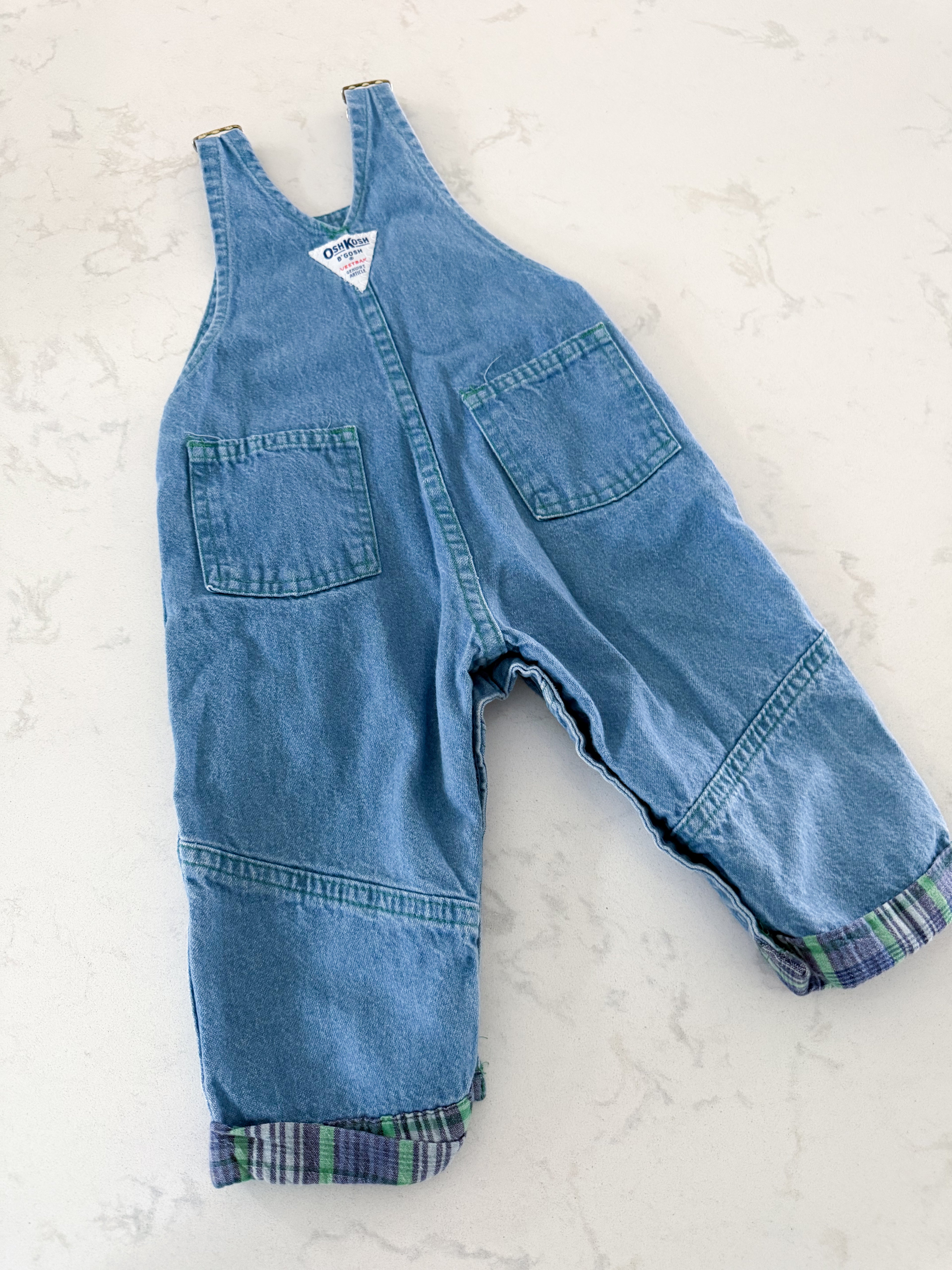Oshkosh (early 90s)- 12m- VGUC- jean vintage Oshkosh overalls with green accents