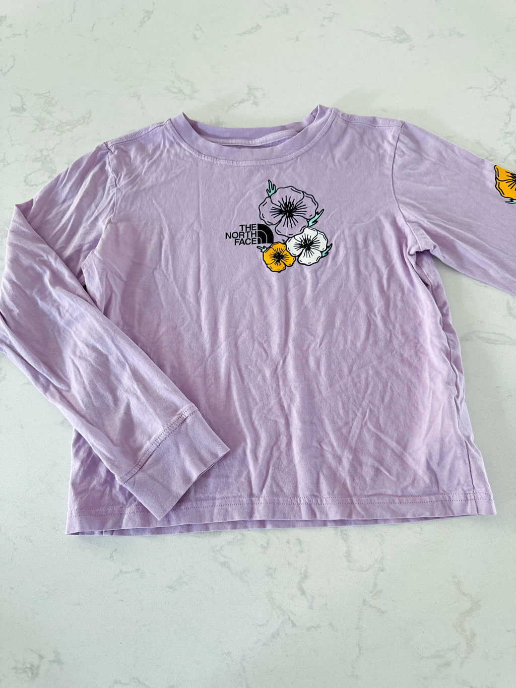The North Face- 10Y- VGUC- long sleeve floral purple shirt