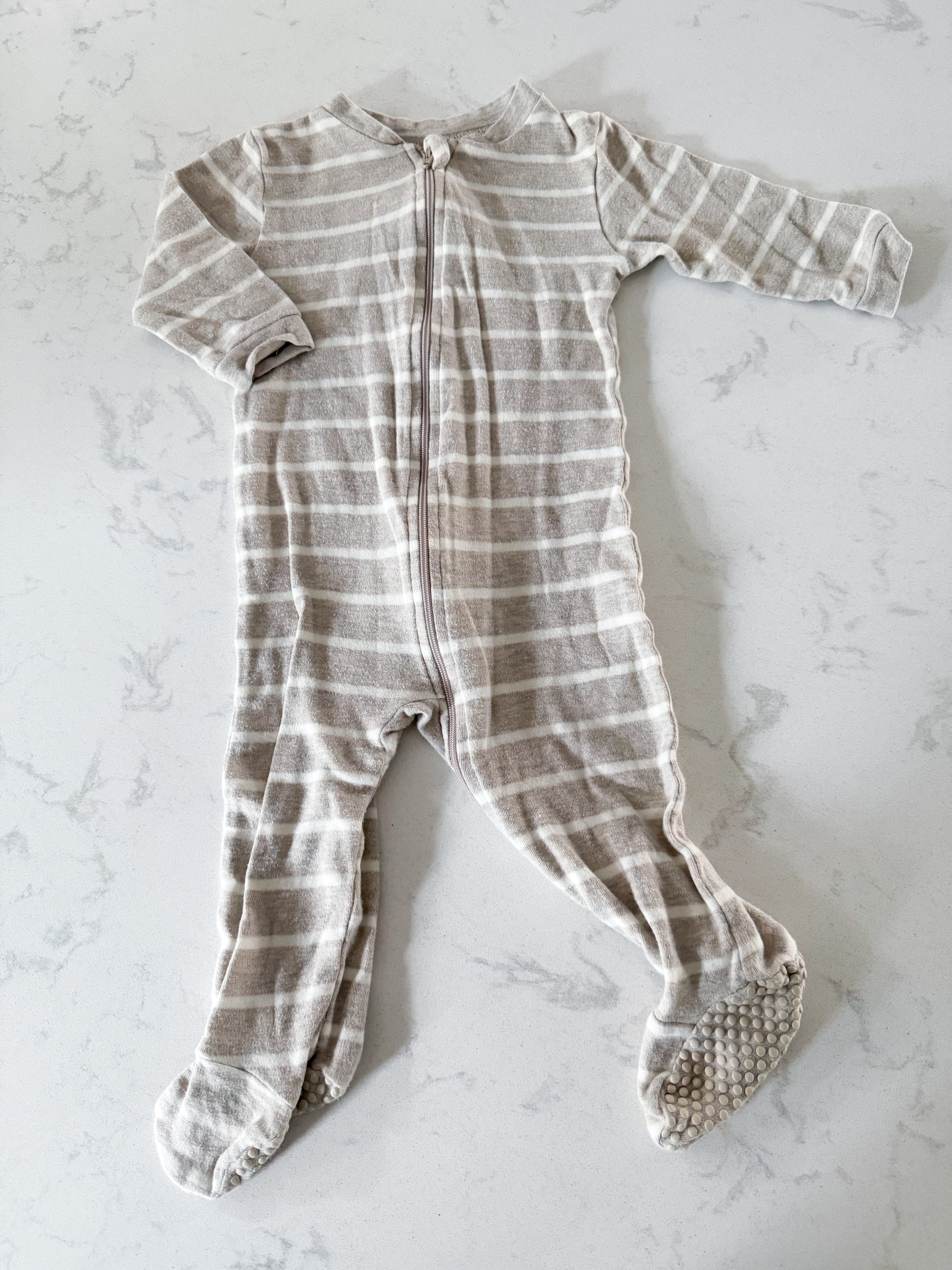George-9-12m- GUC- greyish brown and white striped footie pajamas