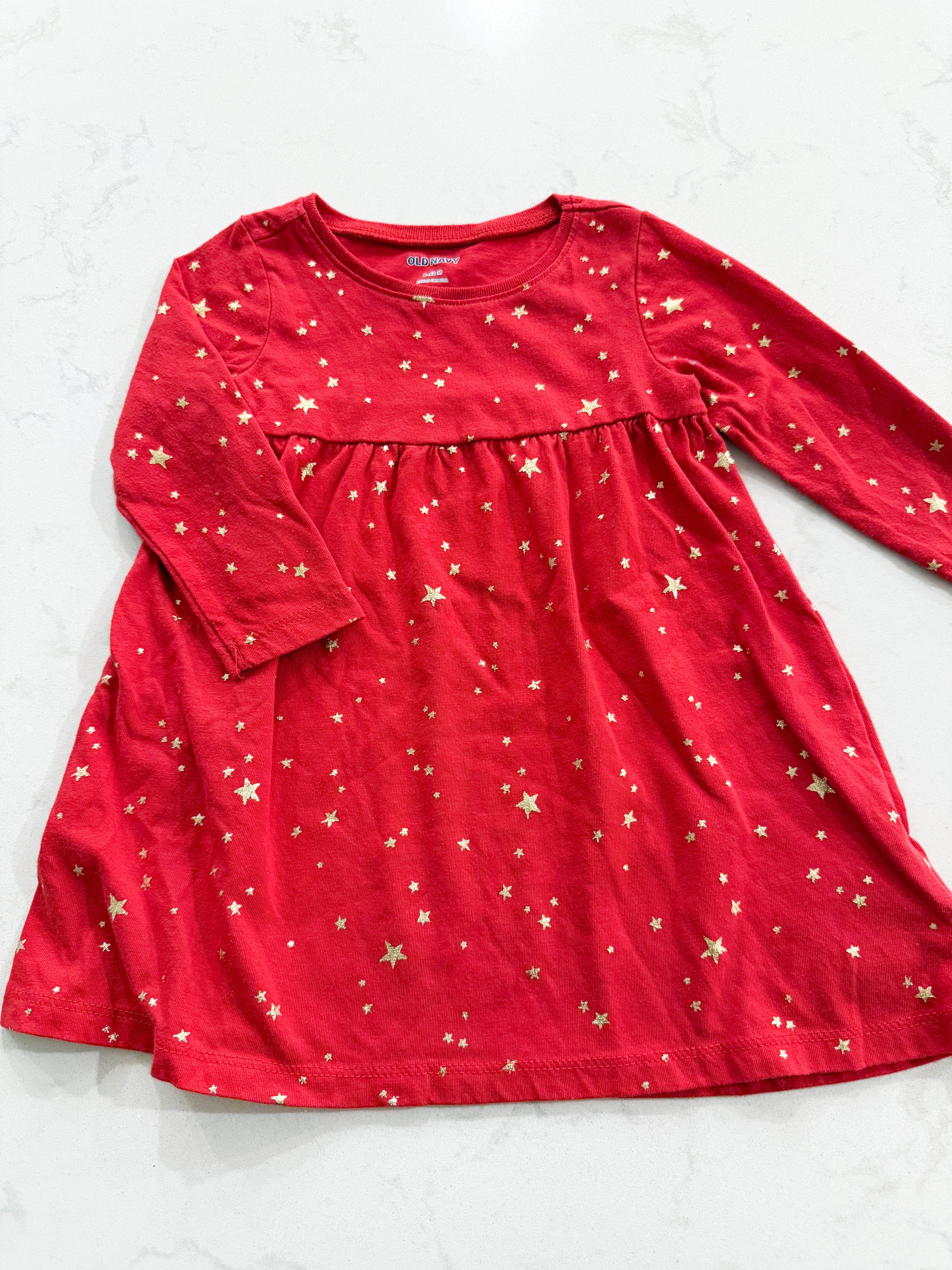 Old Navy- 6-12m- GUC- long sleeve red dress with gold stars
