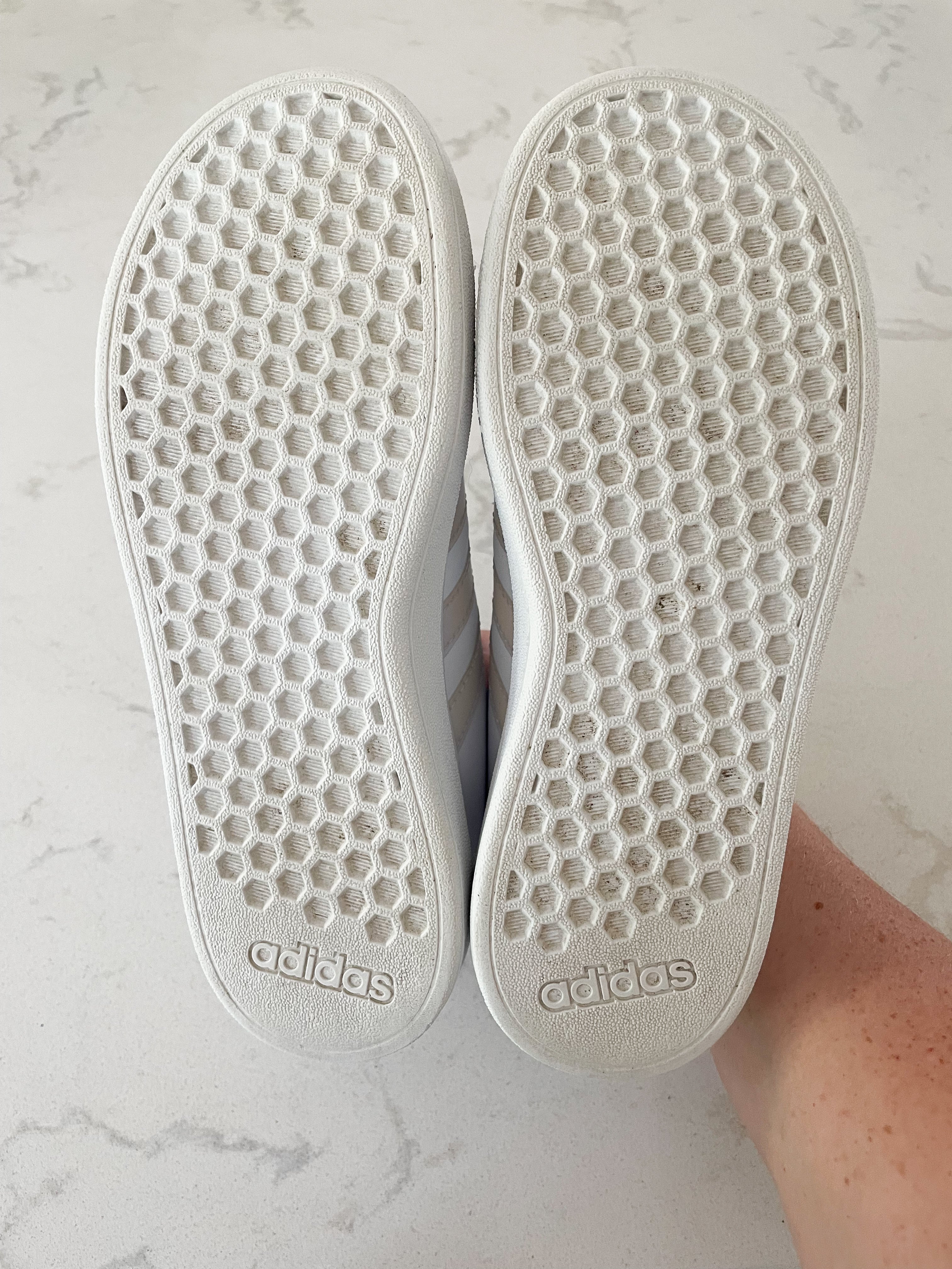 Adidas- 2 Youth- white shoes with metallic pink branding