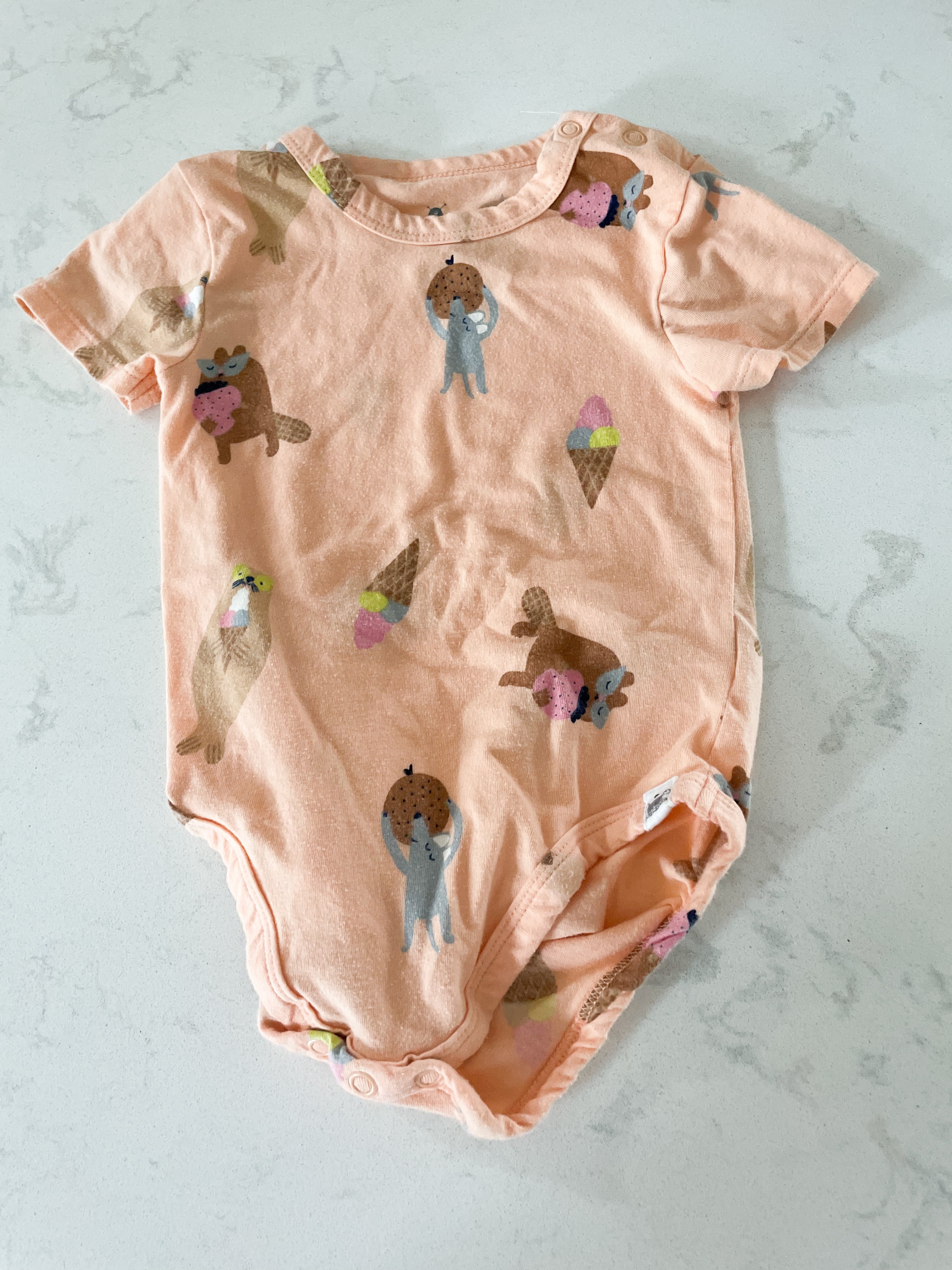 Rise Little Earthling-9-12m-GUC- peach short sleeve bodysuit with ice cream cones