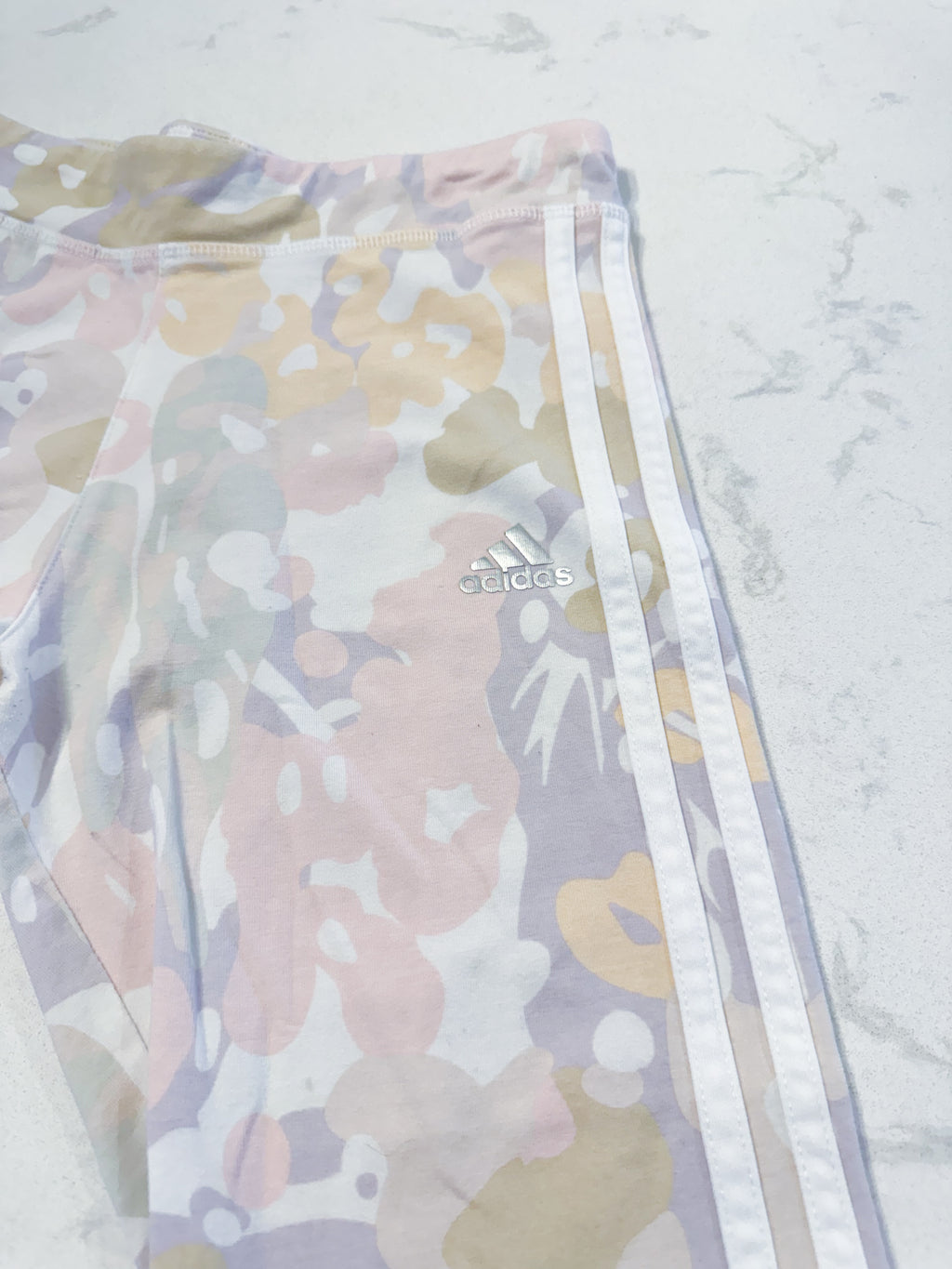 Adidas- 16Y- GUC- pastel camo pattern leggings with white and silver accents