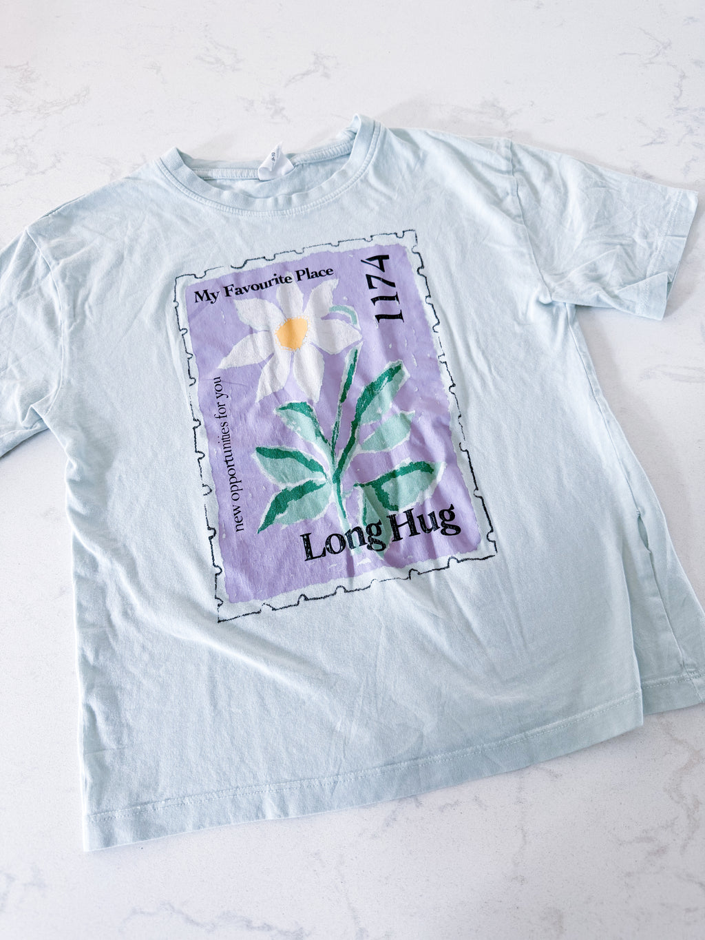 Zara- 9-10Y- PLAYY- ice blue t shirt with purple floral postage stamp