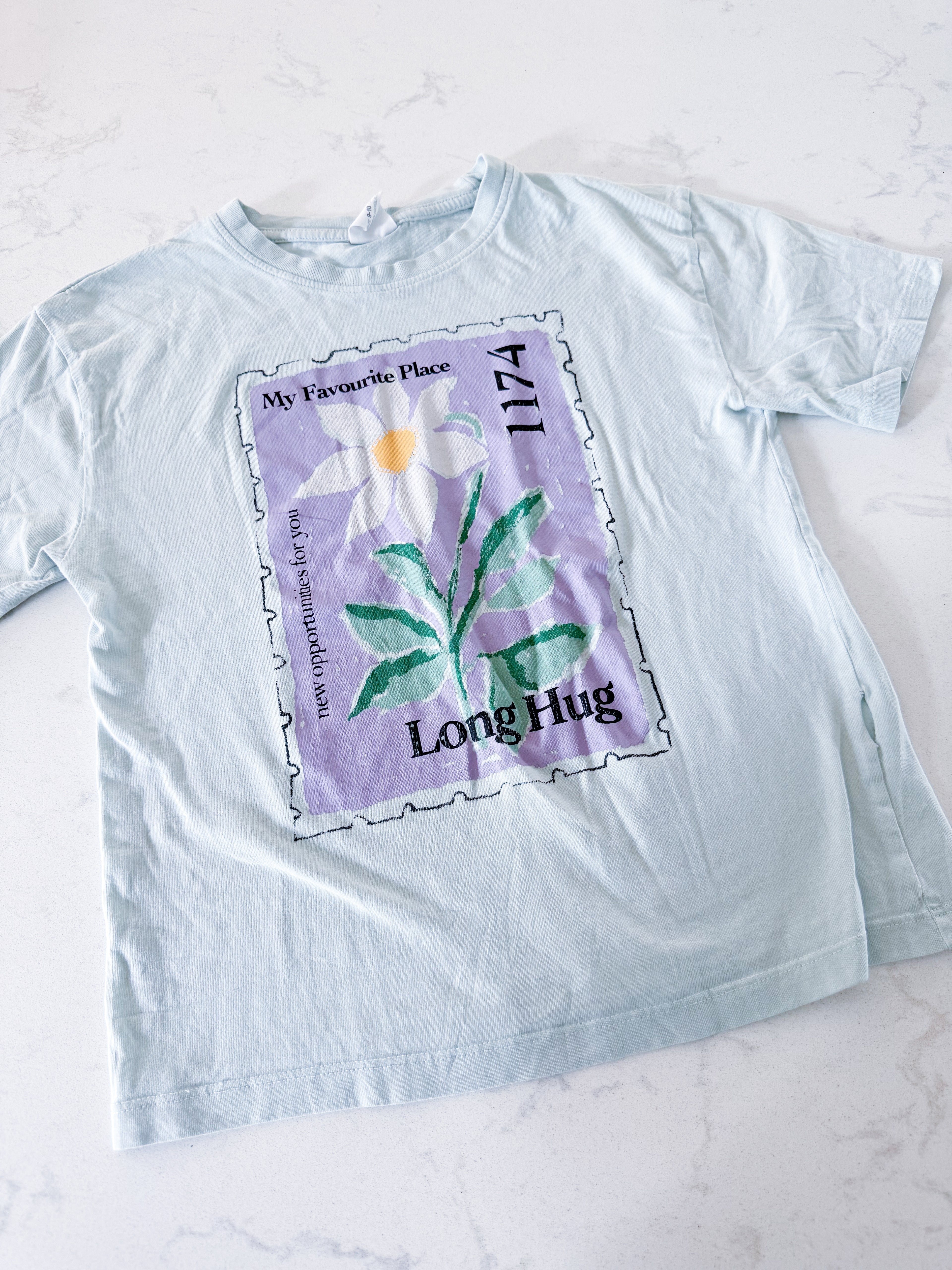 Zara- 9-10Y- PLAYY- ice blue t shirt with purple floral postage stamp
