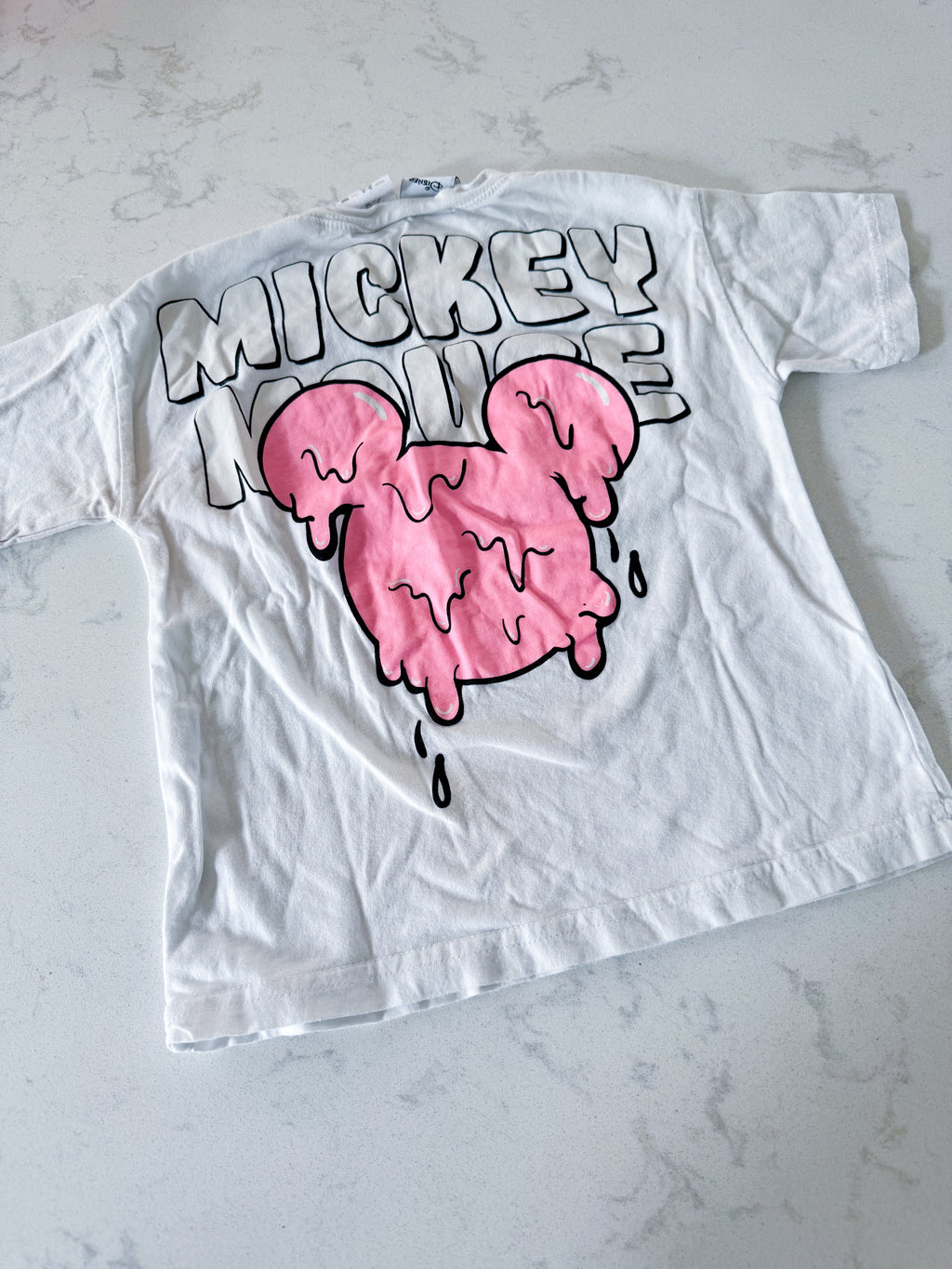 Zara- fits 4T- GUC- white t shirt with neon pink Mickey popsicle