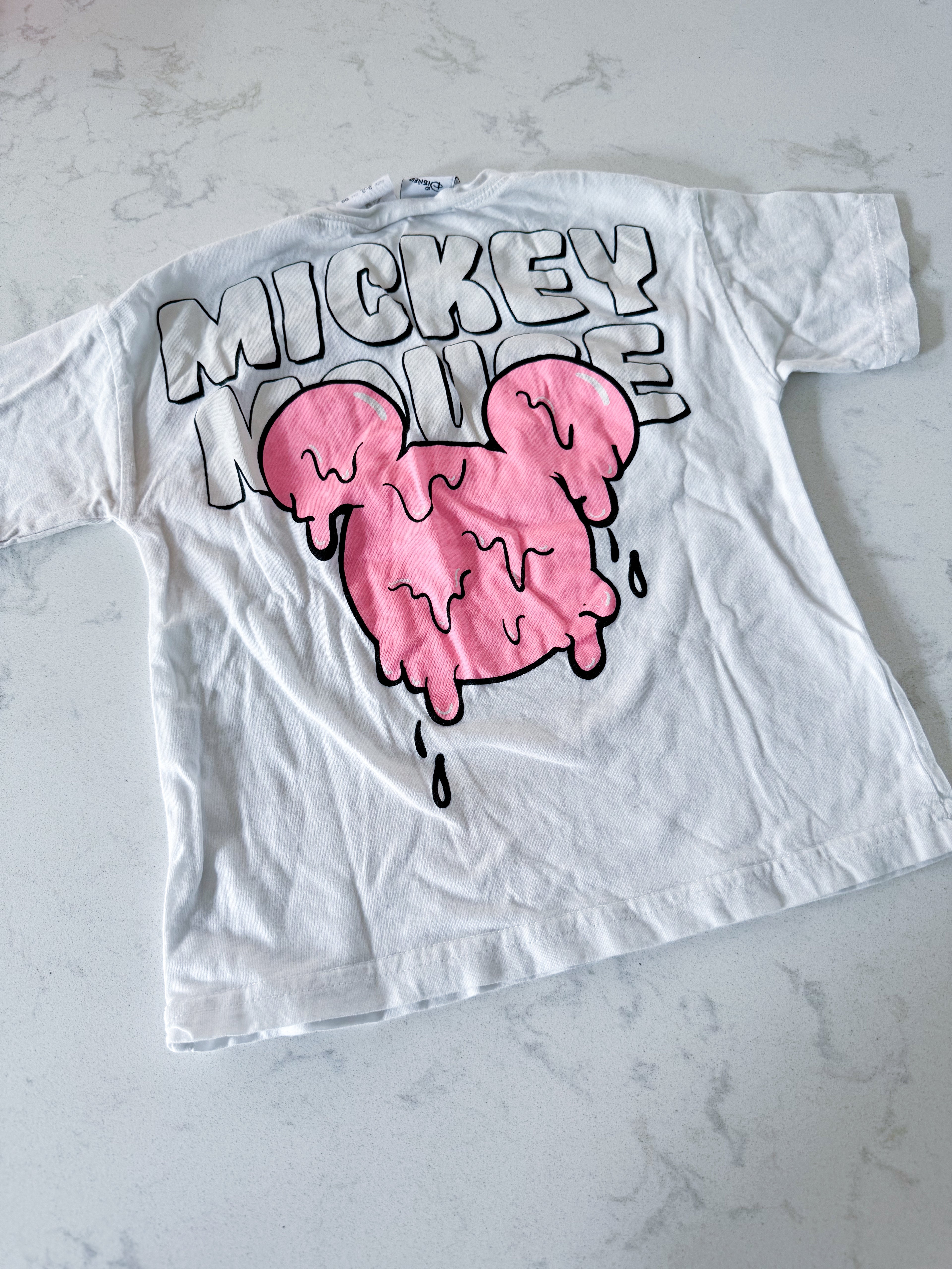 Zara- fits 4T- GUC- white t shirt with neon pink Mickey popsicle