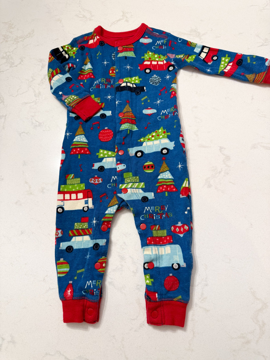 Little Blue House- 6-12m- GUC- blue button up footless pajamas with Christmas pattern