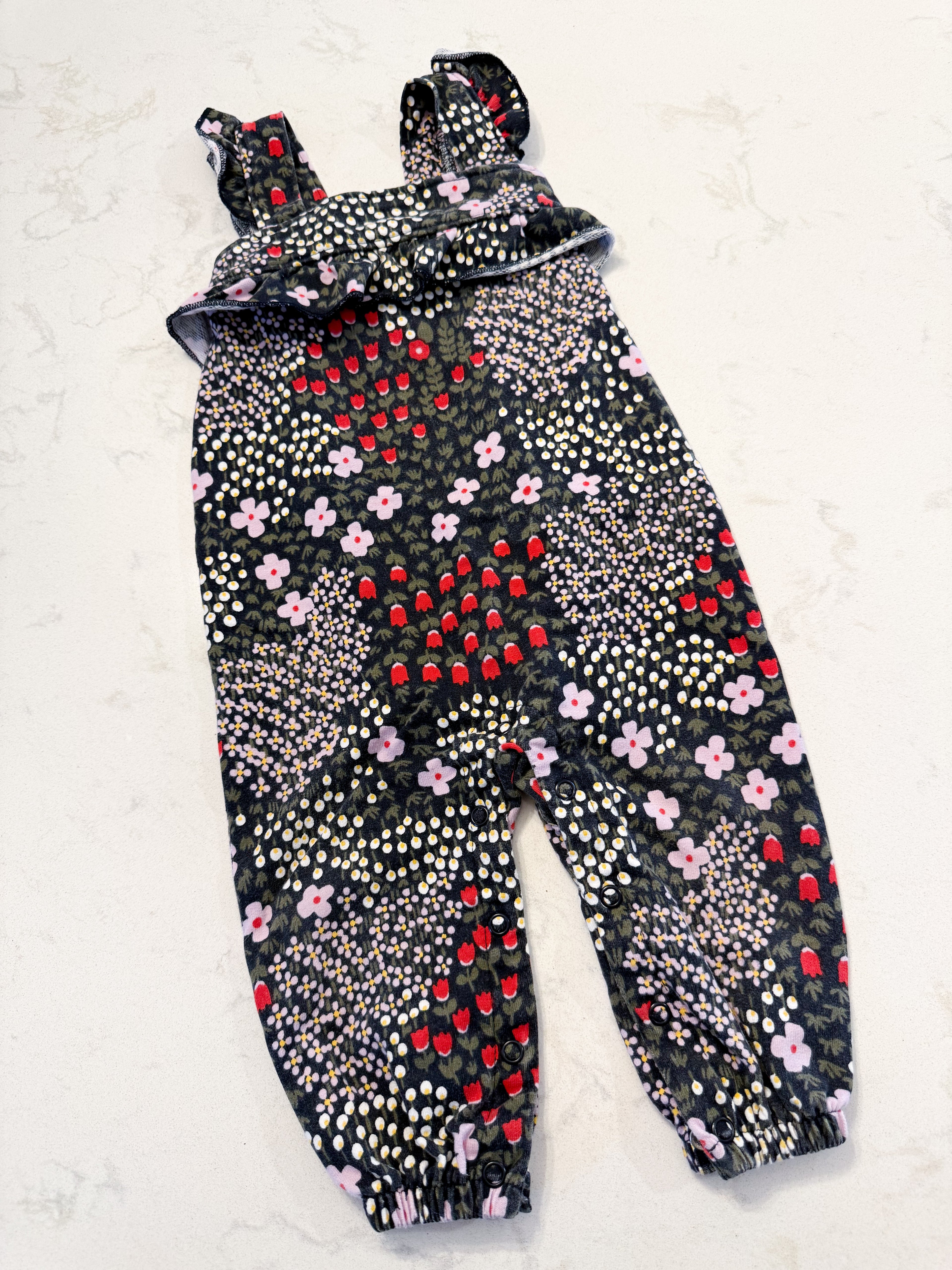 Joe Fresh- 6-12m- GUC- dark floral patterned cloth overalls