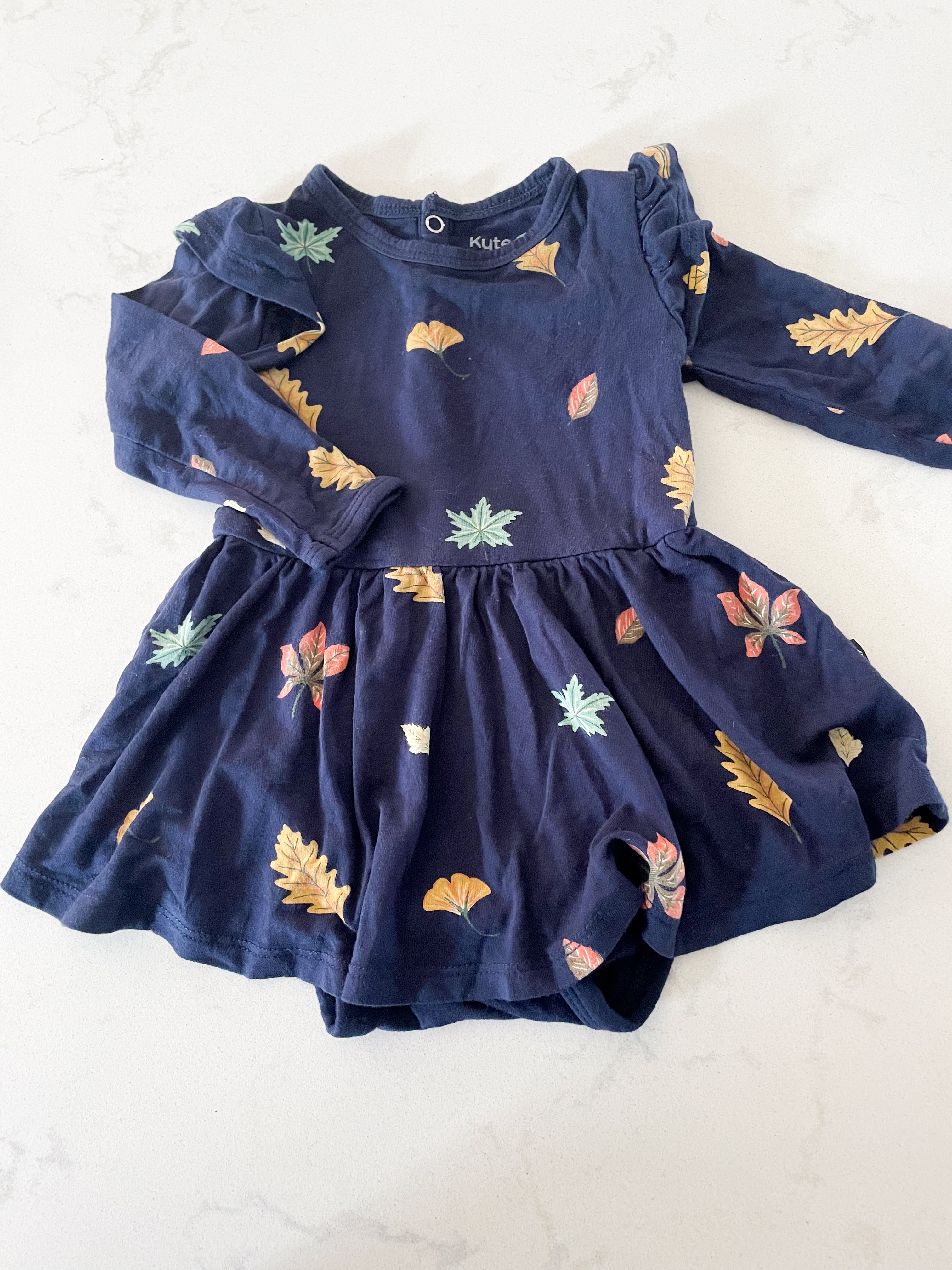 Kyte Baby-3-6m- GUC- navy long sleeve dress bodysuit fall pattern