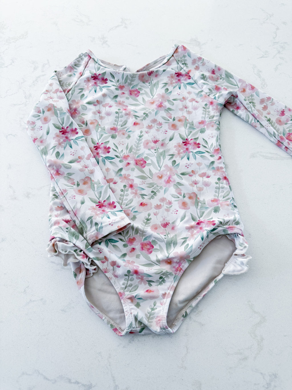 Current Tyed- 4/5Y- GUC- white long sleeve bathing suit with pink florals