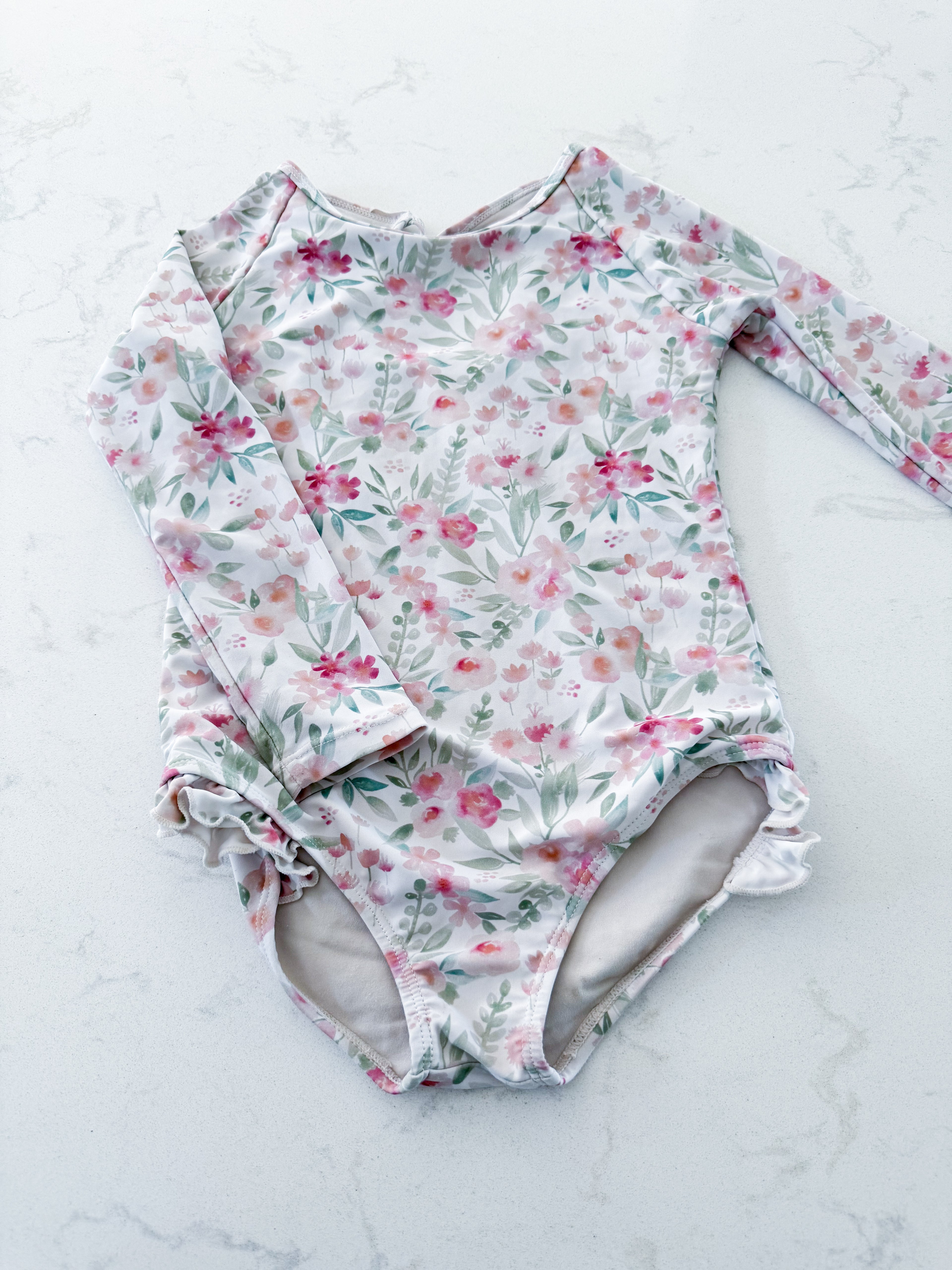 Current Tyed- 4/5Y- GUC- white long sleeve bathing suit with pink florals