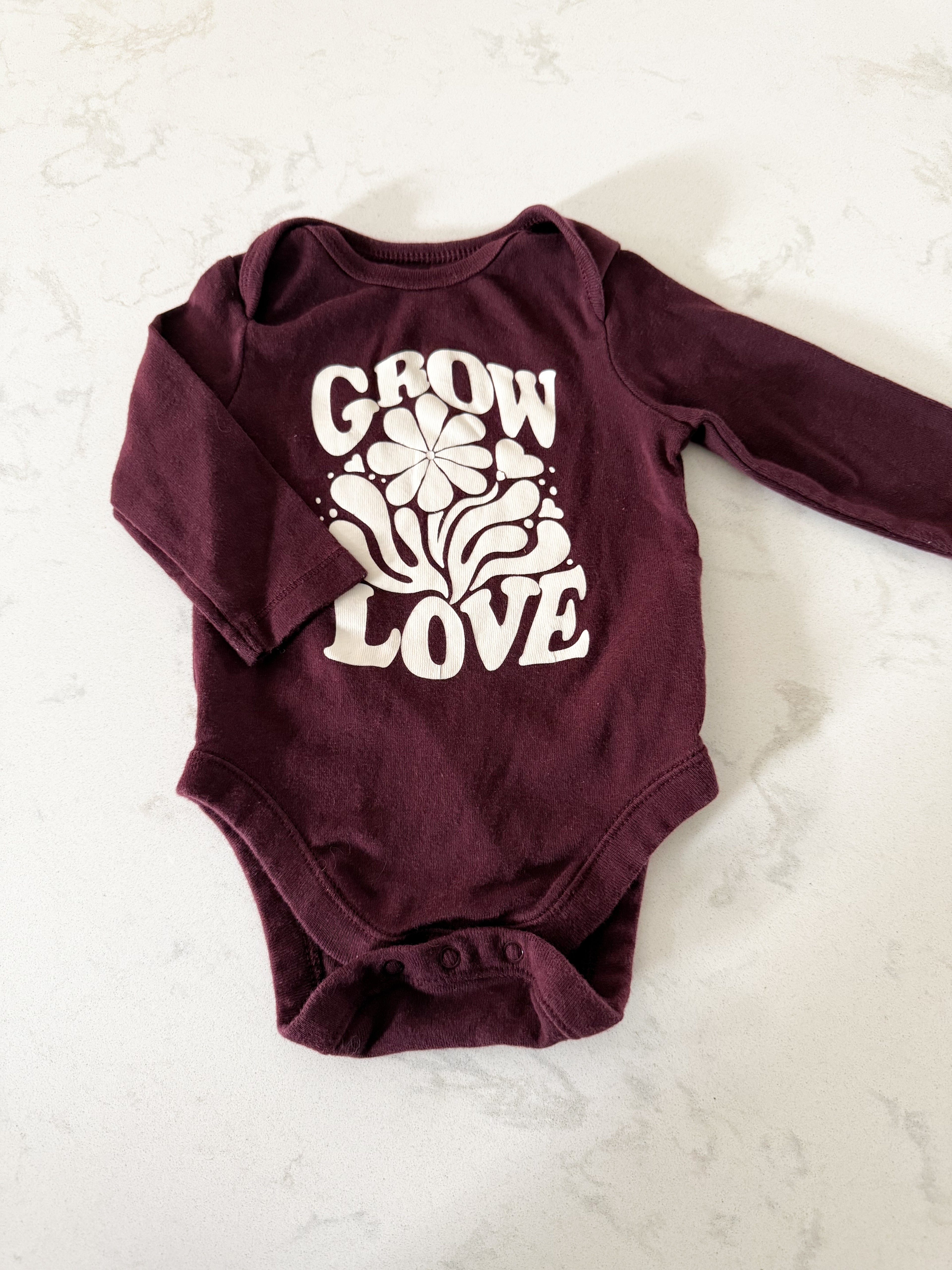 Old Navy- 0-3m- GUC- burgundy long sleeve bodysuit with graphic on front