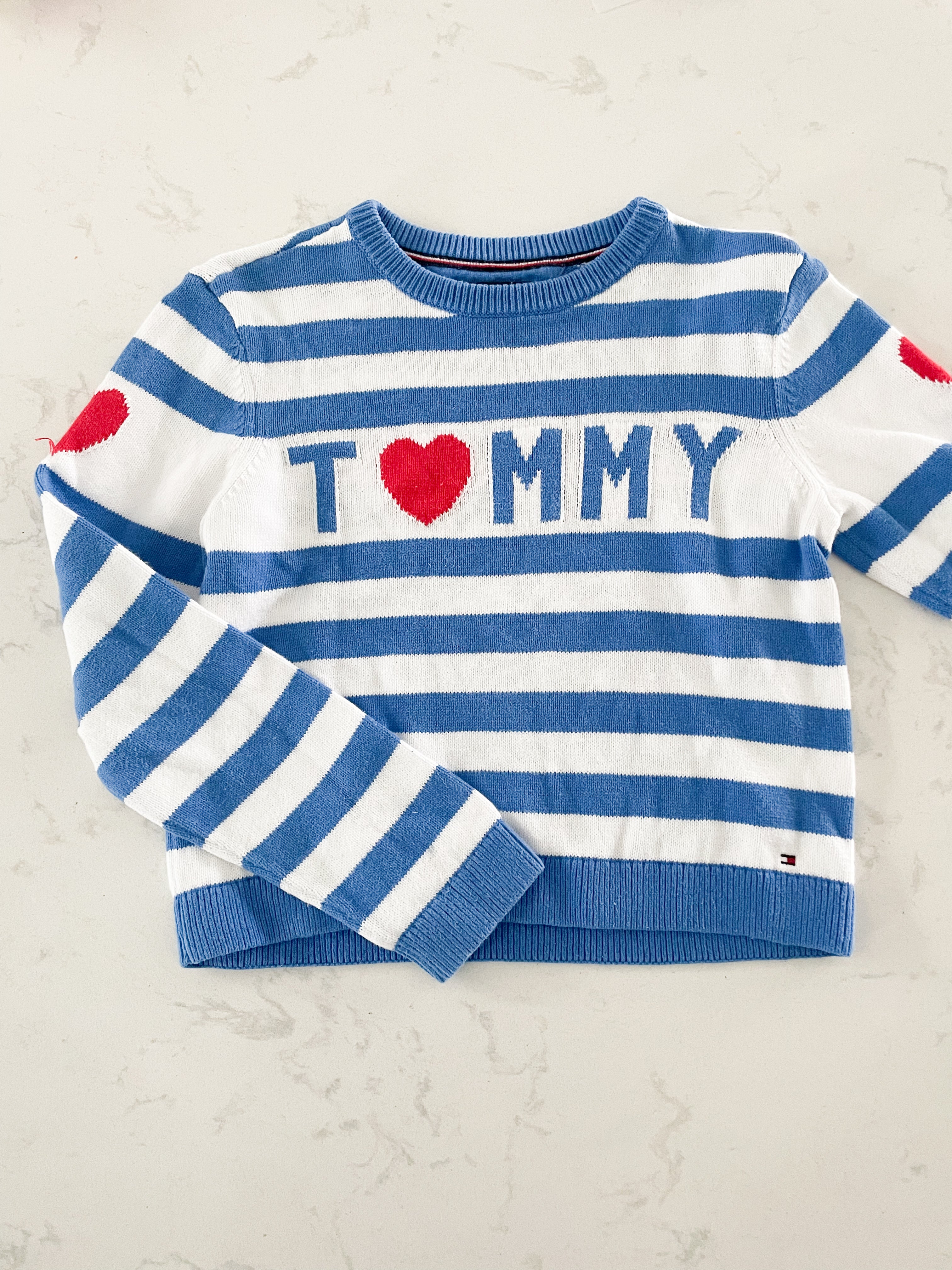 Tommy Hilfiger- 12-14Y- GUC- blue and white striped knit long sleeve sweater