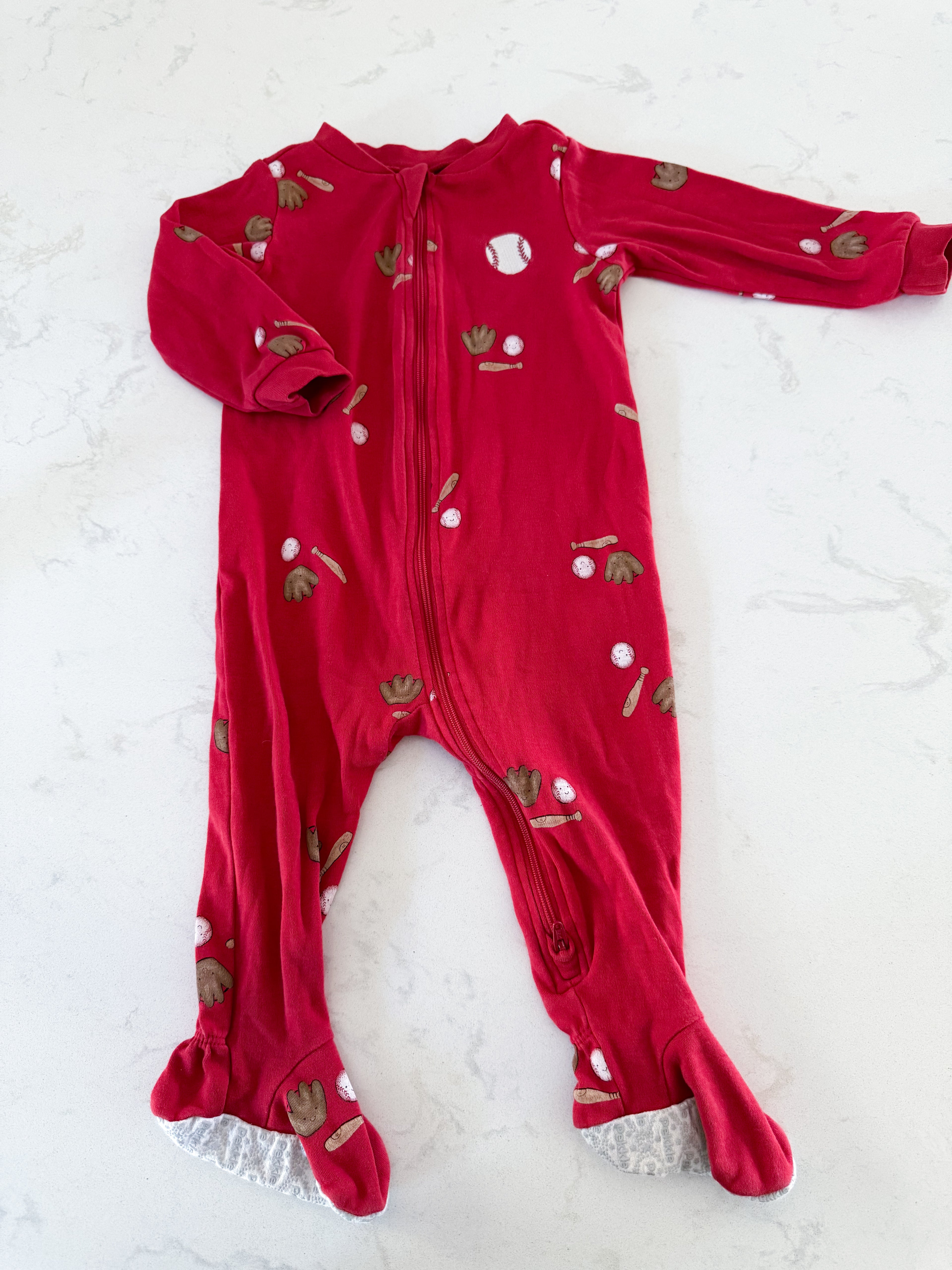 Pekkle- 12m- VGUC- red baseball footie pajamas