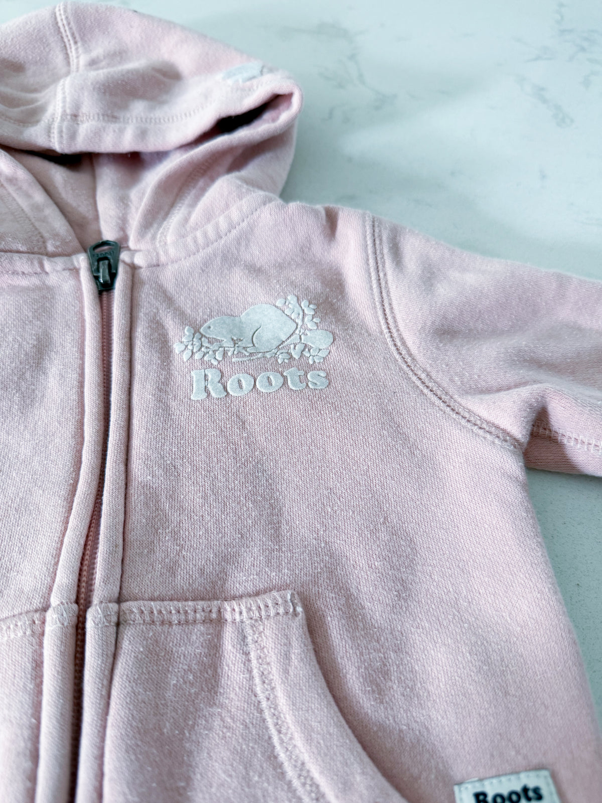 Roots- 6-12m- PLAY- light pink zip up hoodie with white logo