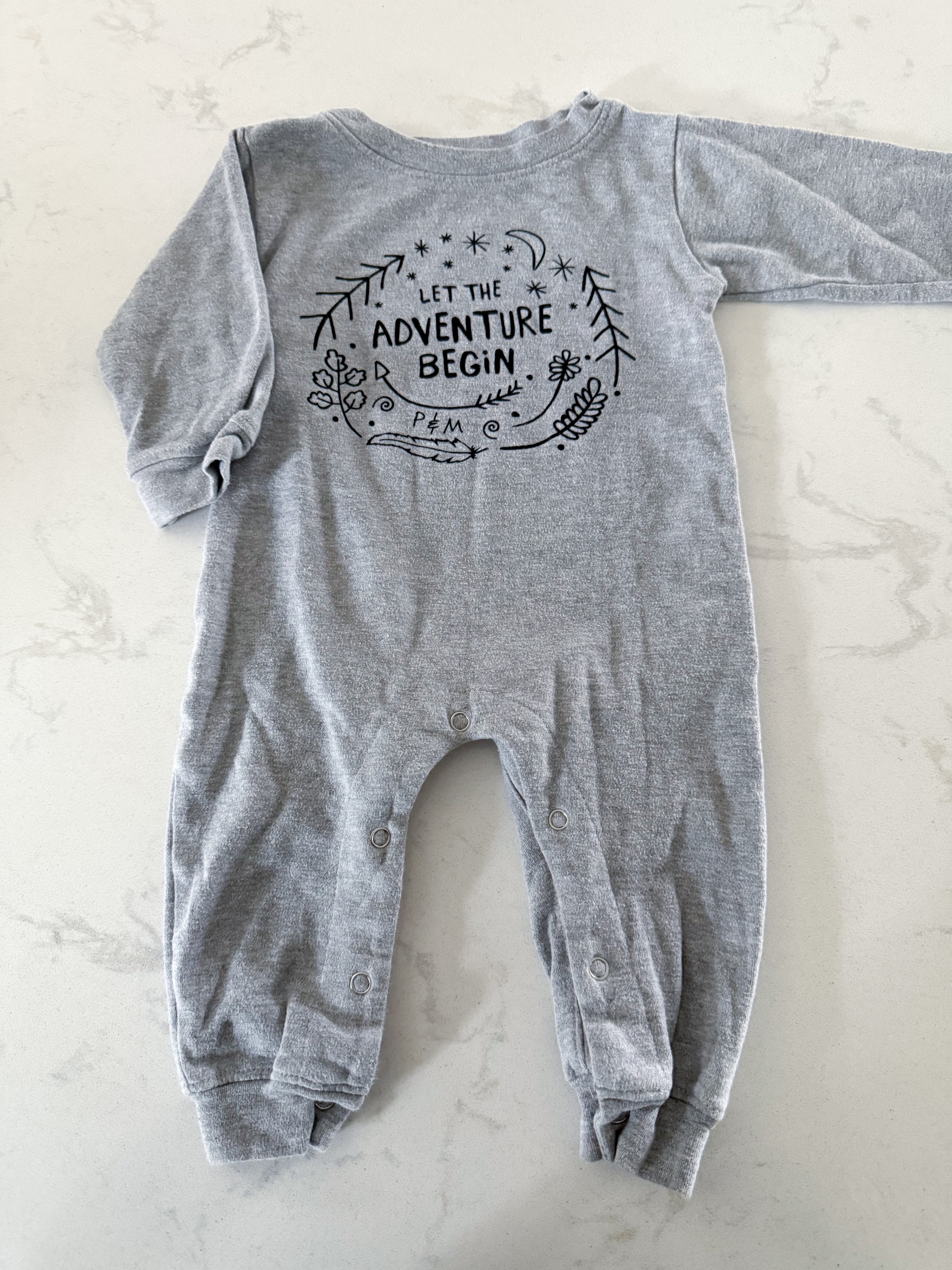 Portage and Main- 3-6m- GUC- grey romper with let the adventure begin