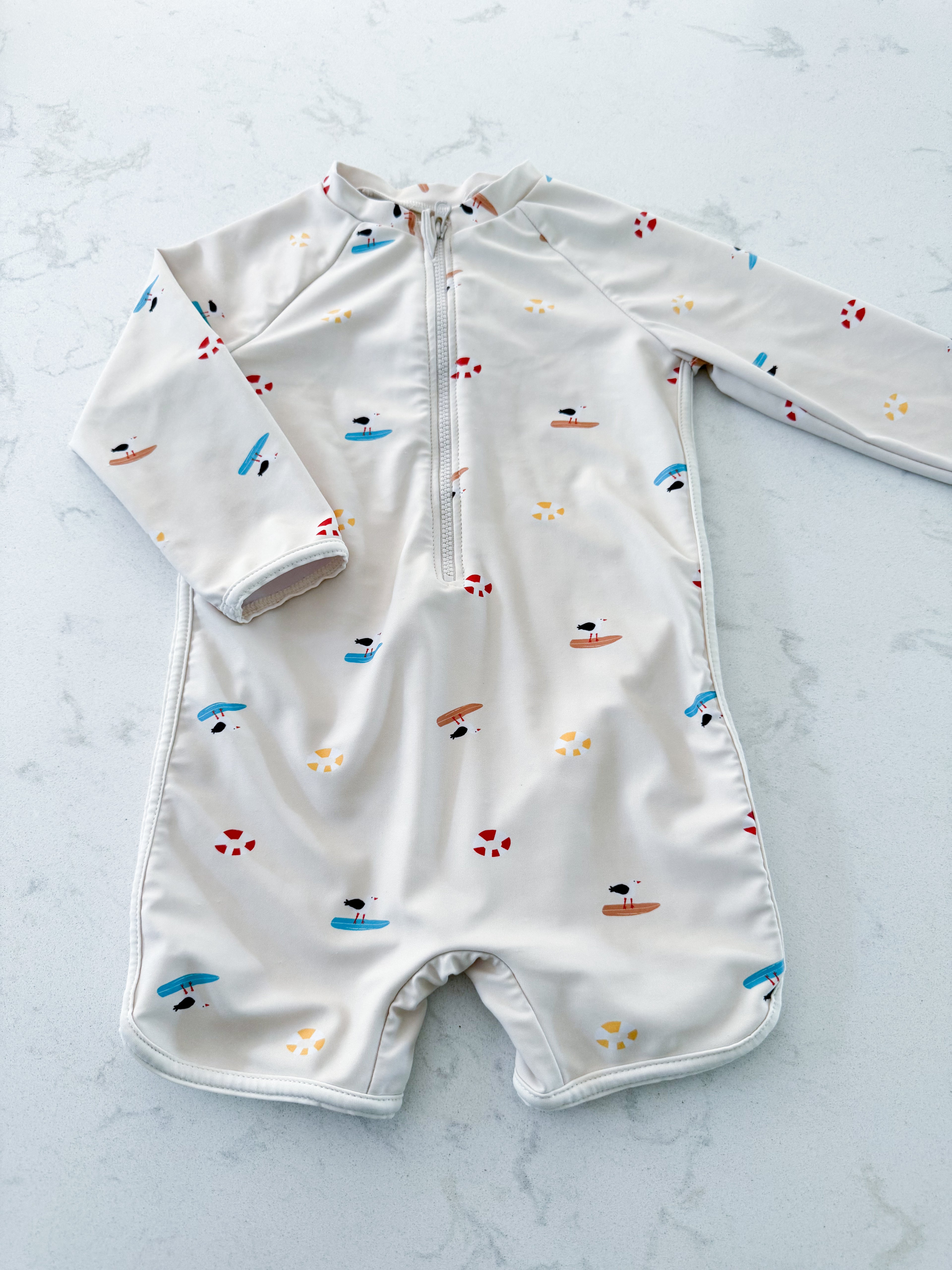 Rise Little Earthling- 18-24m- VGUC- beige swim suit with seagulls pattern