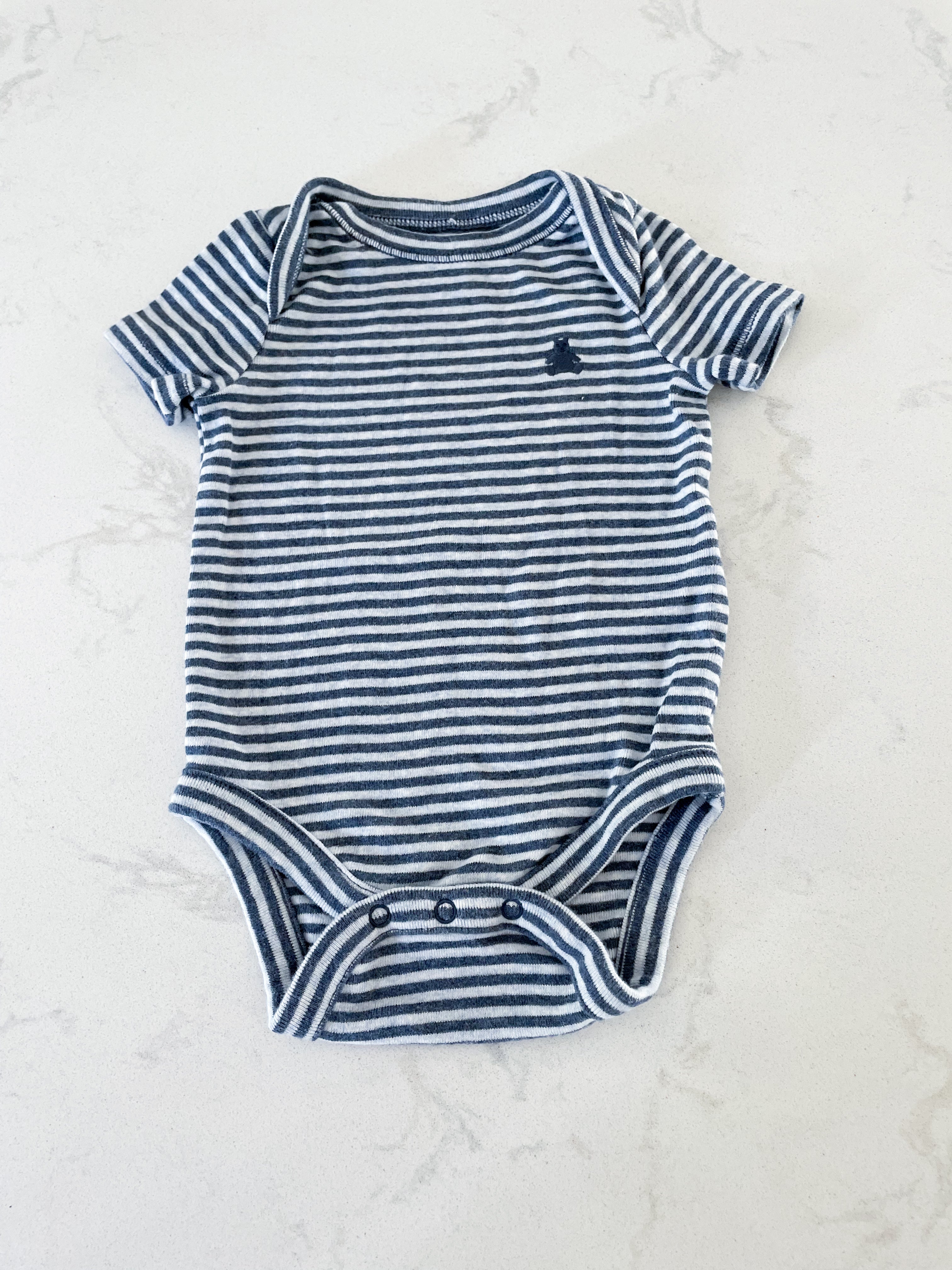 Gap- 0-3 months- grey and navy striped bodysuit