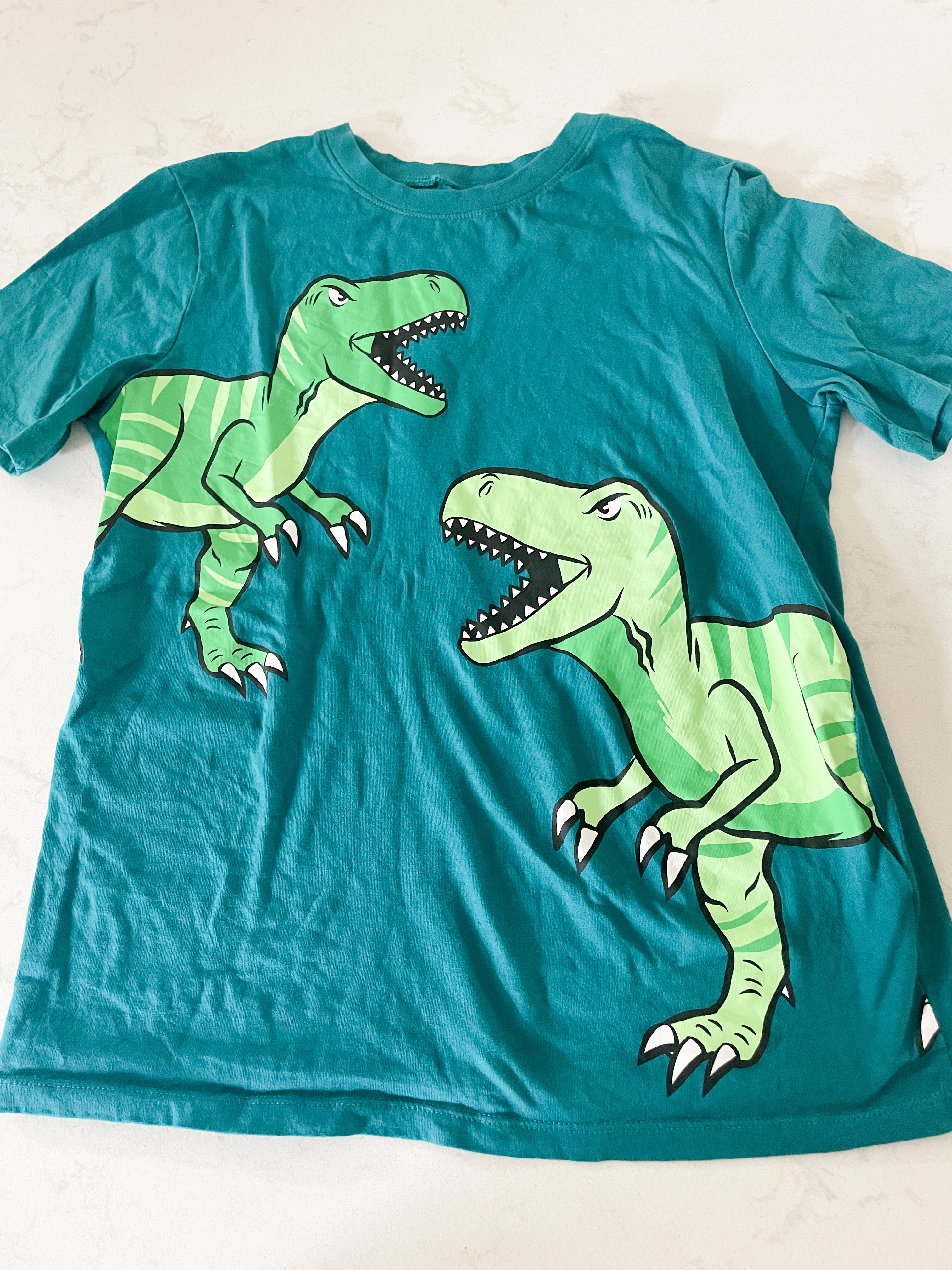 H&M-8-10Y- PLAY- teal t shirt with green Dino’s