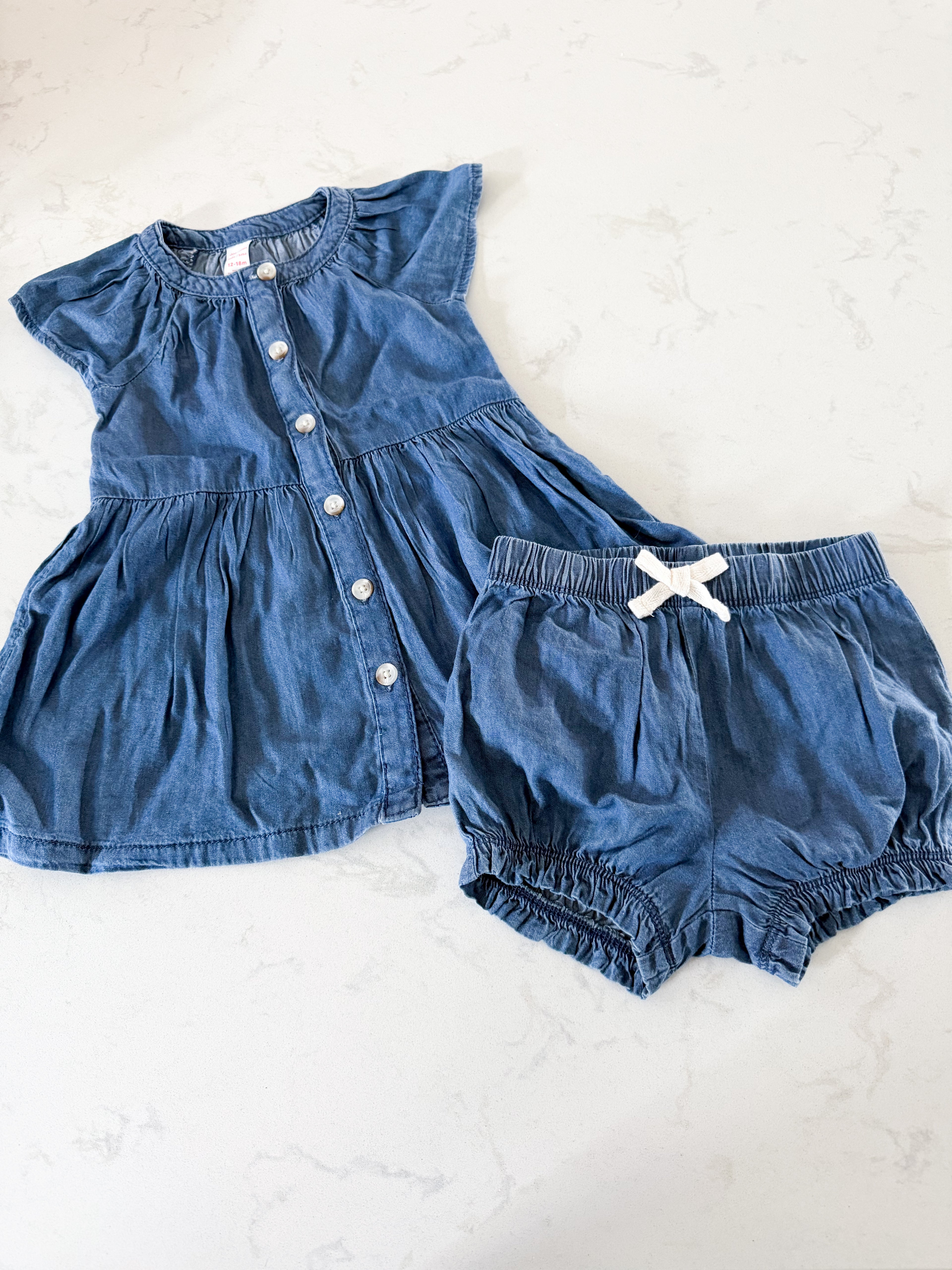 Joe Fresh- 12-18m- BNWT- denim two piece set with bummies and dress