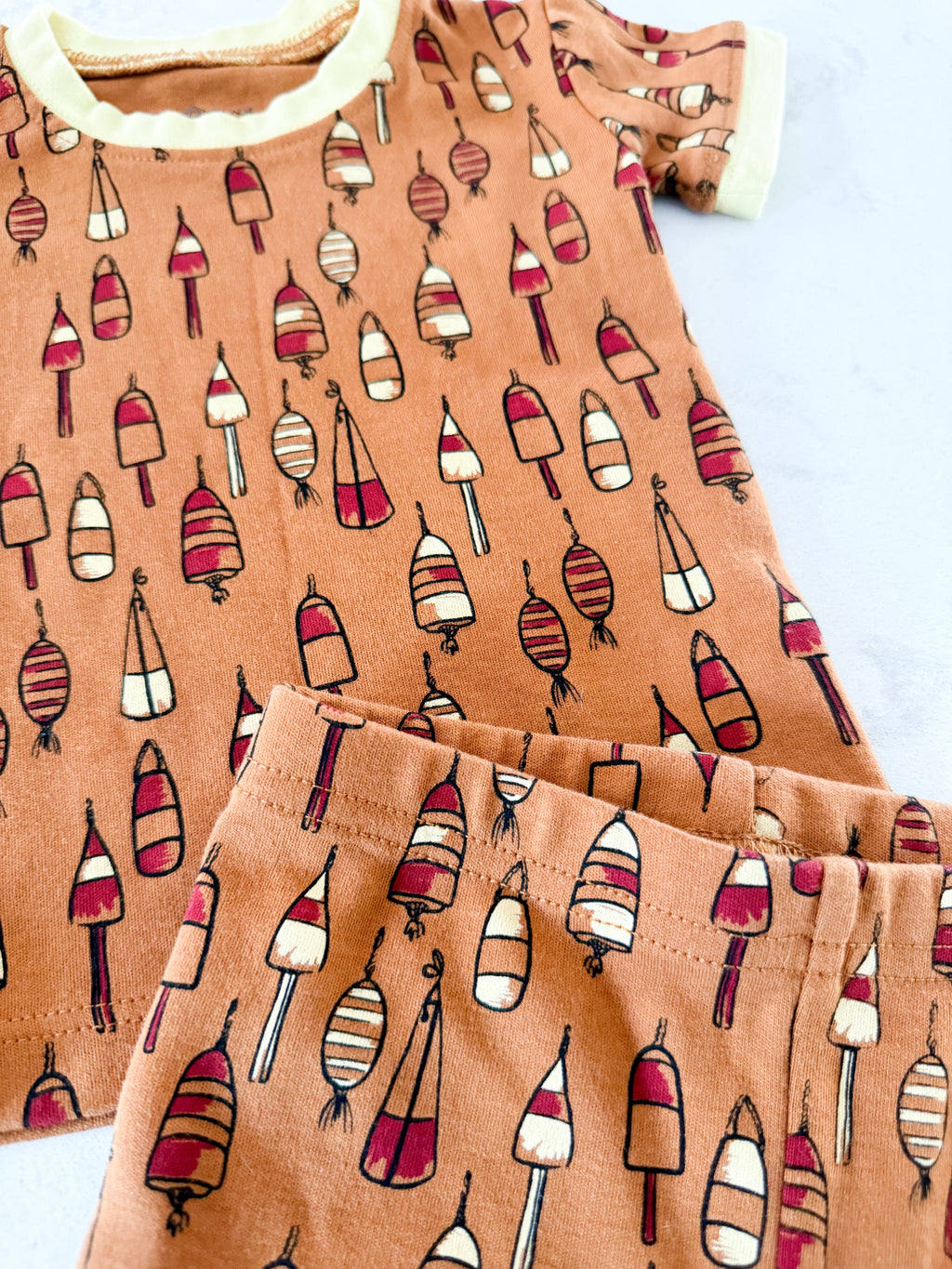 Coco Village- fits 12-18m- VGUC- brown two piece shorts jammies with buoy pattern