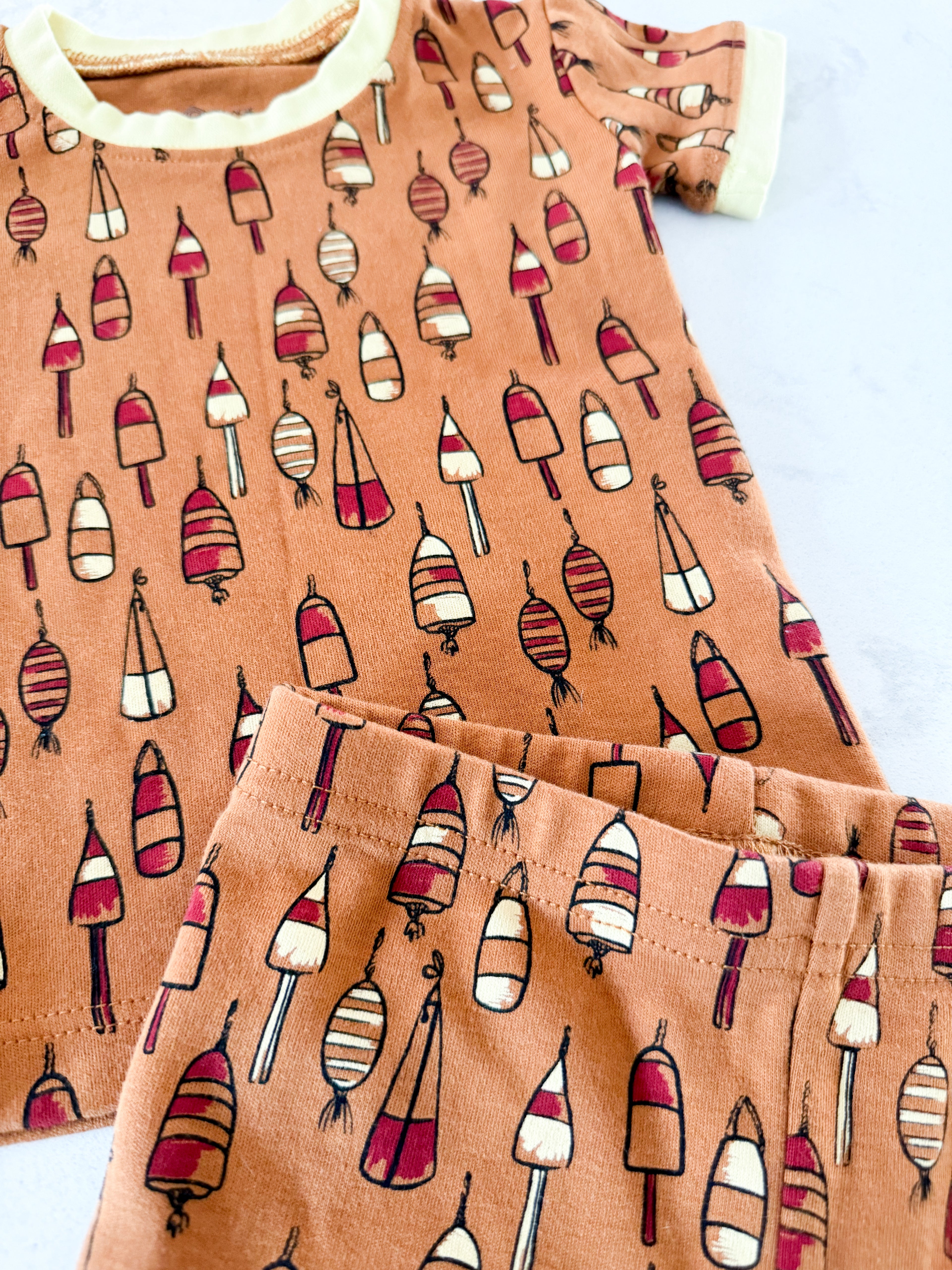 Coco Village- fits 12-18m- VGUC- brown two piece shorts jammies with buoy pattern